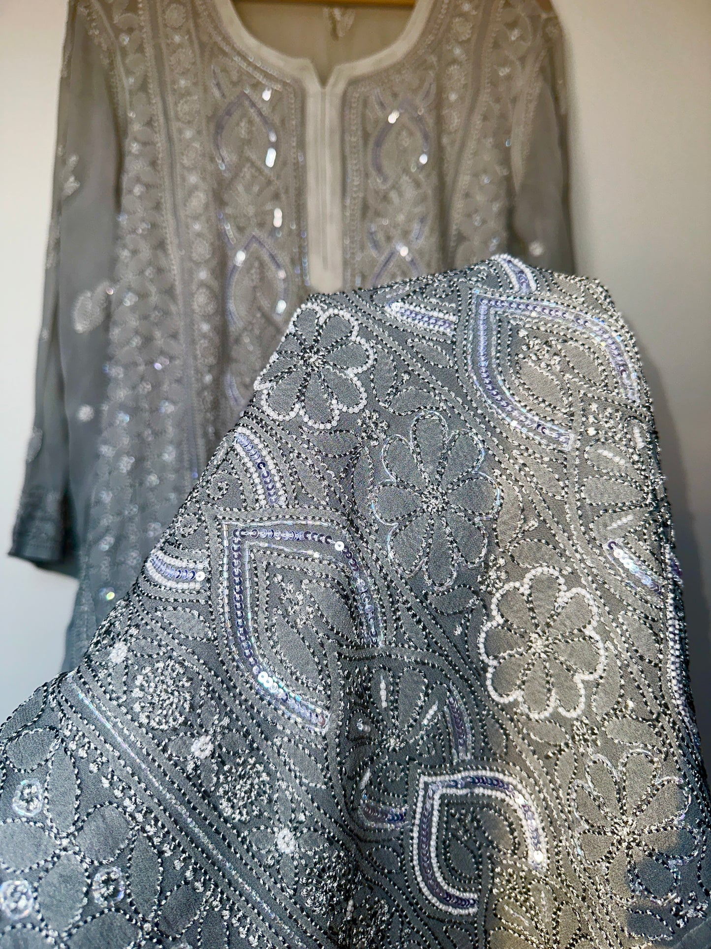 Viral Pearl Cutdana Chikankari Kurti - Ombré Grey