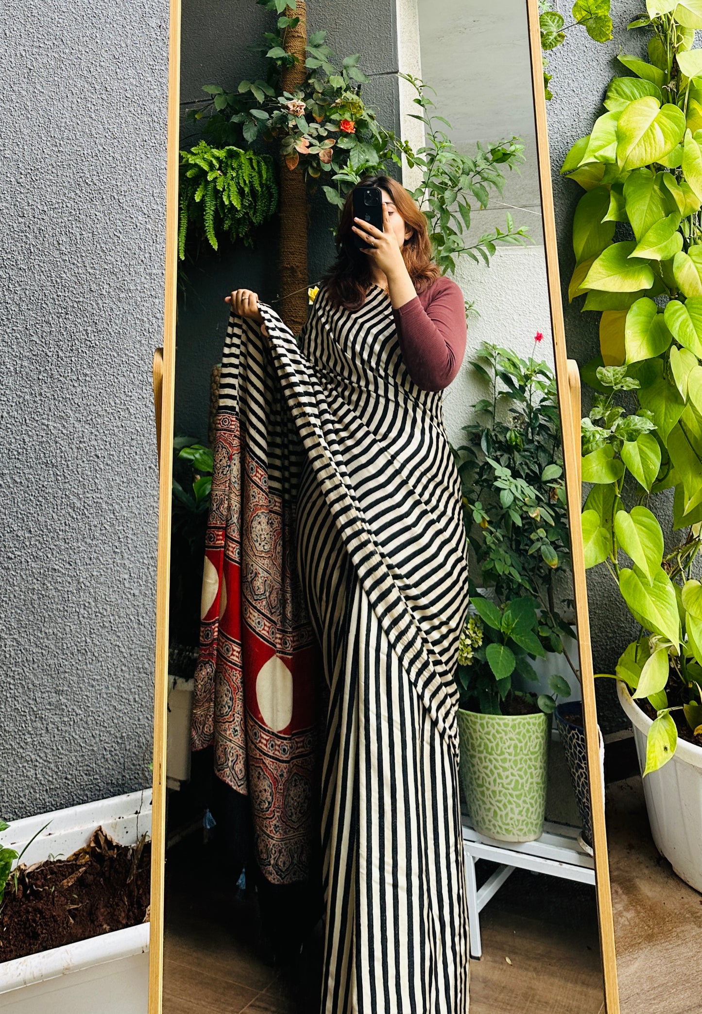 Handblocked Sustainable Ajrak Black & white Stripe Saree with Tassels