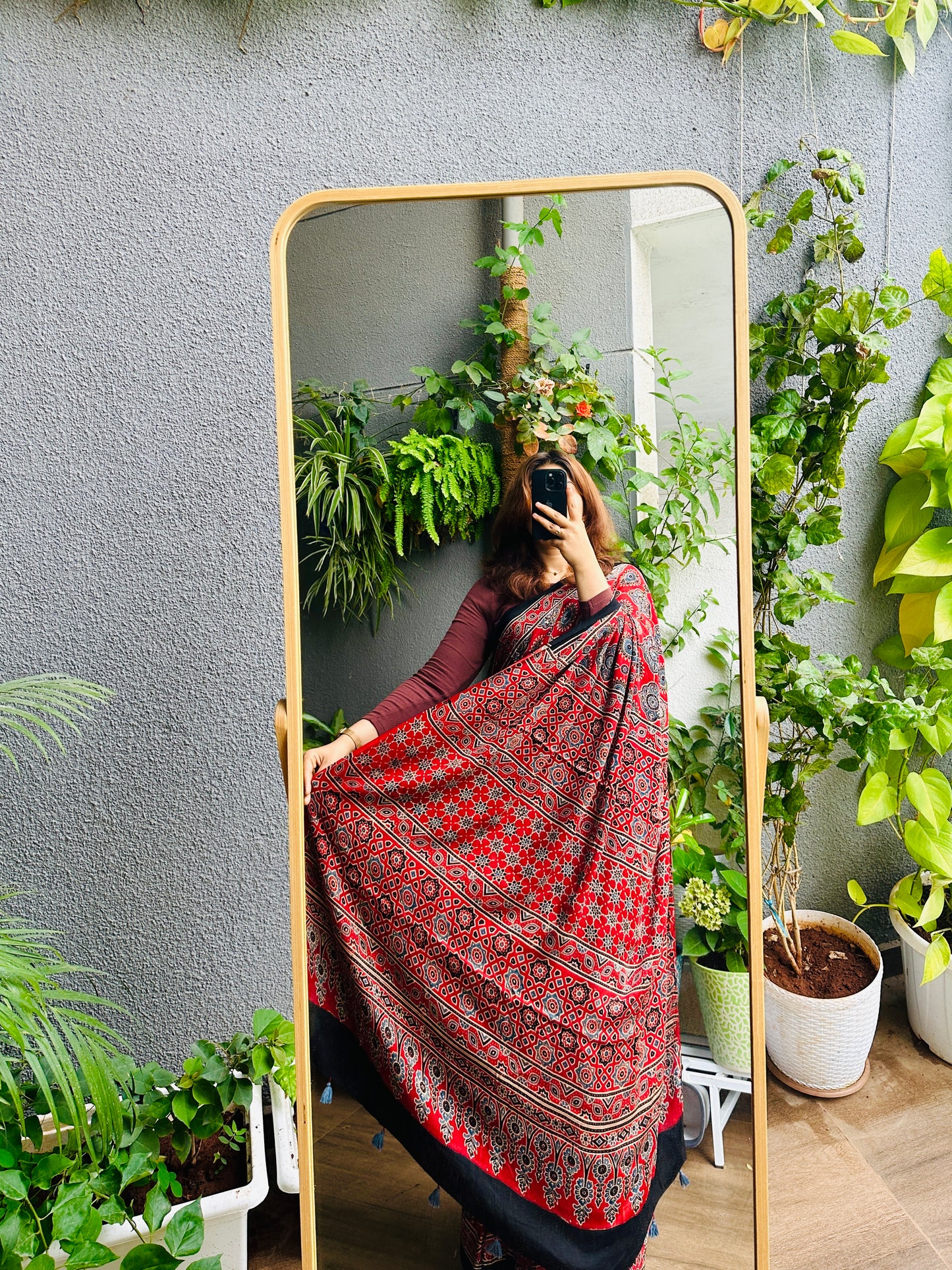 Handblocked Sustainable Ajrak Red & Blue Saree with Tassels