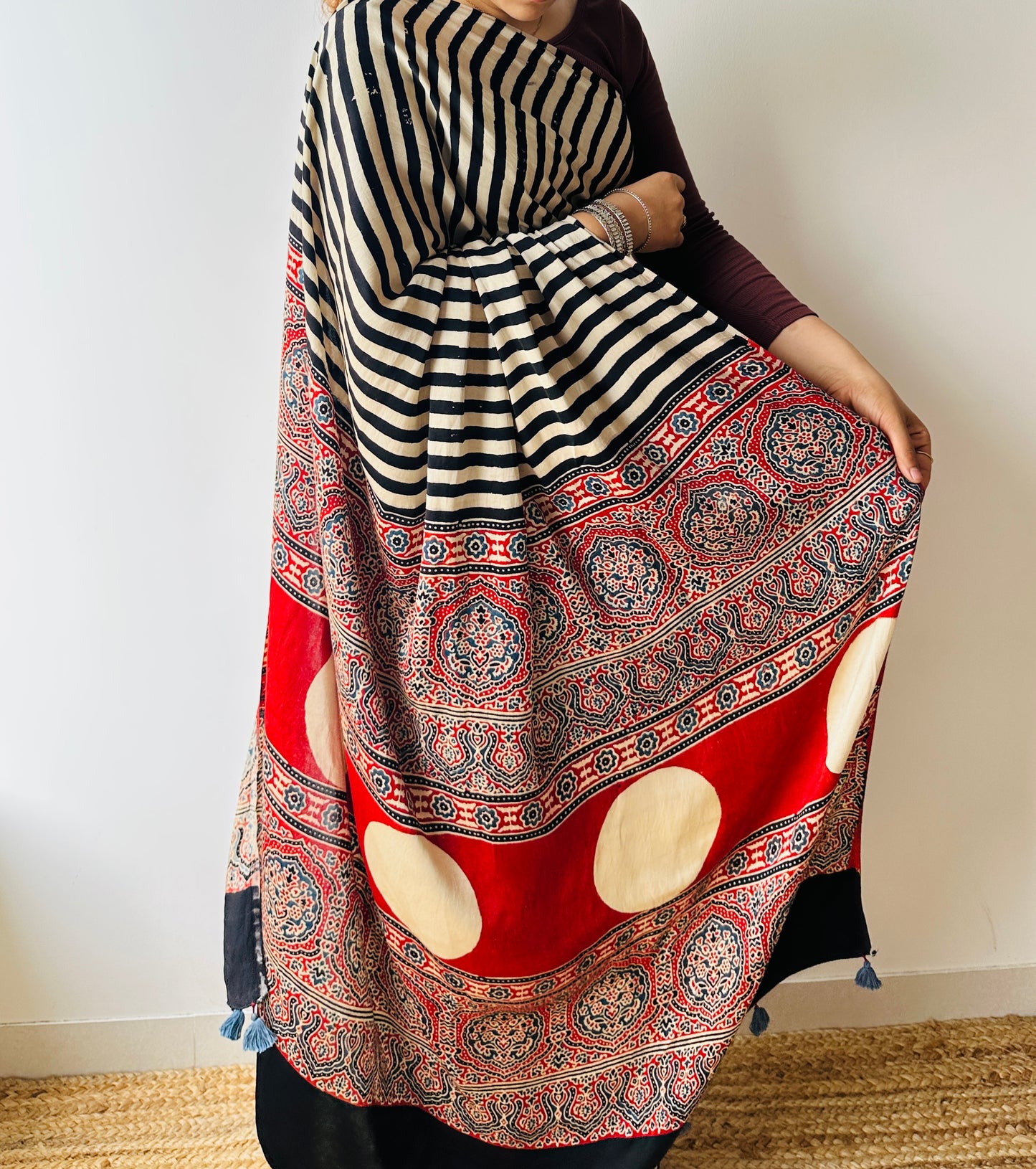 Handblocked Sustainable Ajrak Black & white Stripe Saree with Tassels