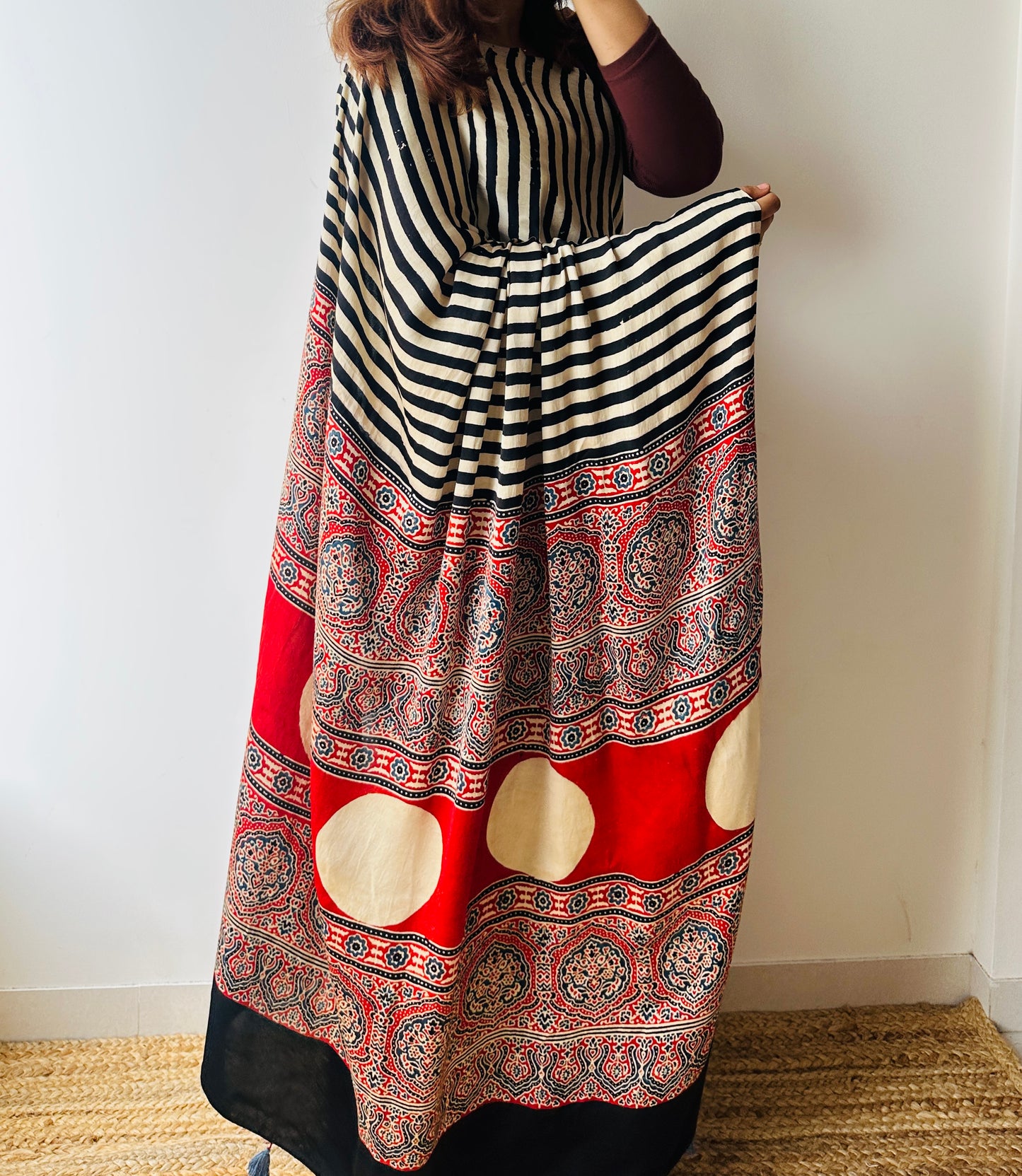 Handblocked Sustainable Ajrak Black & white Stripe Saree with Tassels
