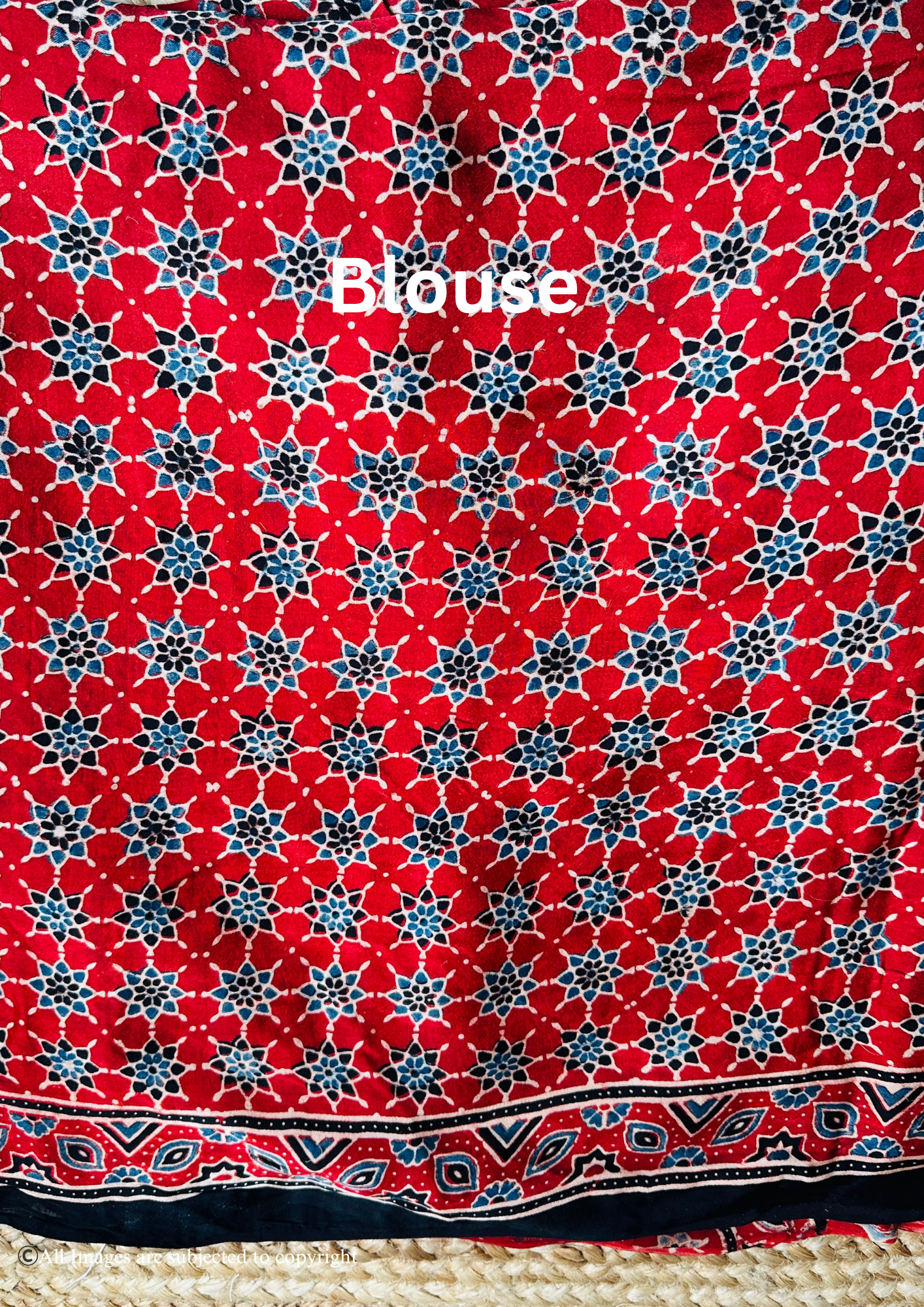 Handblocked Sustainable Ajrak Red & Blue Saree with Tassels