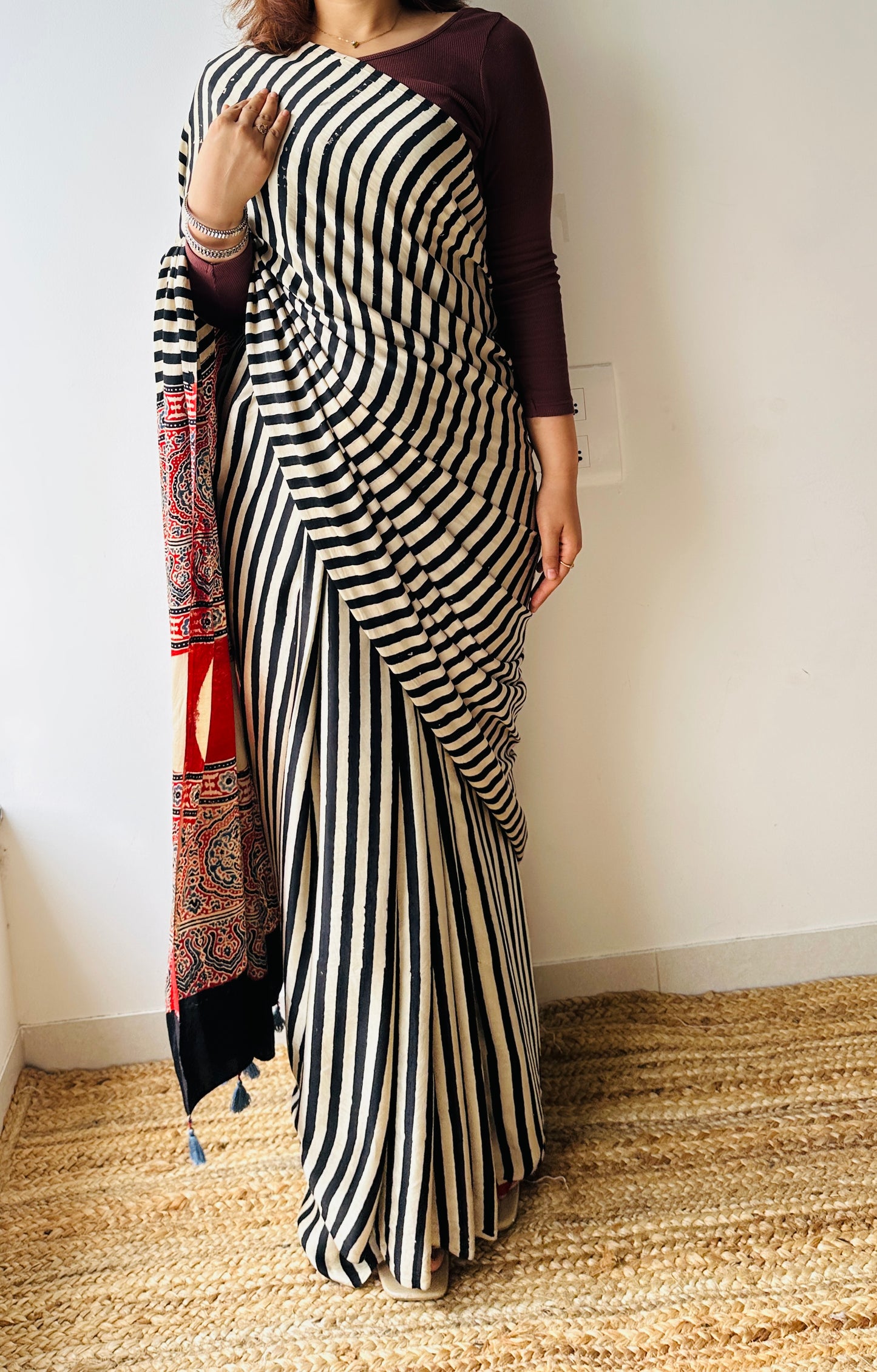 Handblocked Sustainable Ajrak Black & white Stripe Saree with Tassels