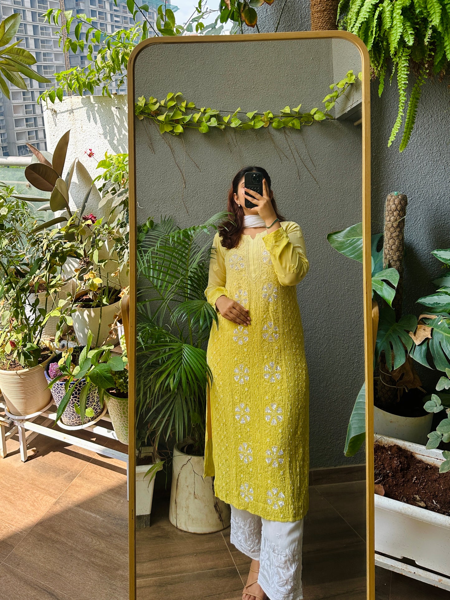 Viral Pearl & Cutdana Chikankari Kurti- Ombré Yellow