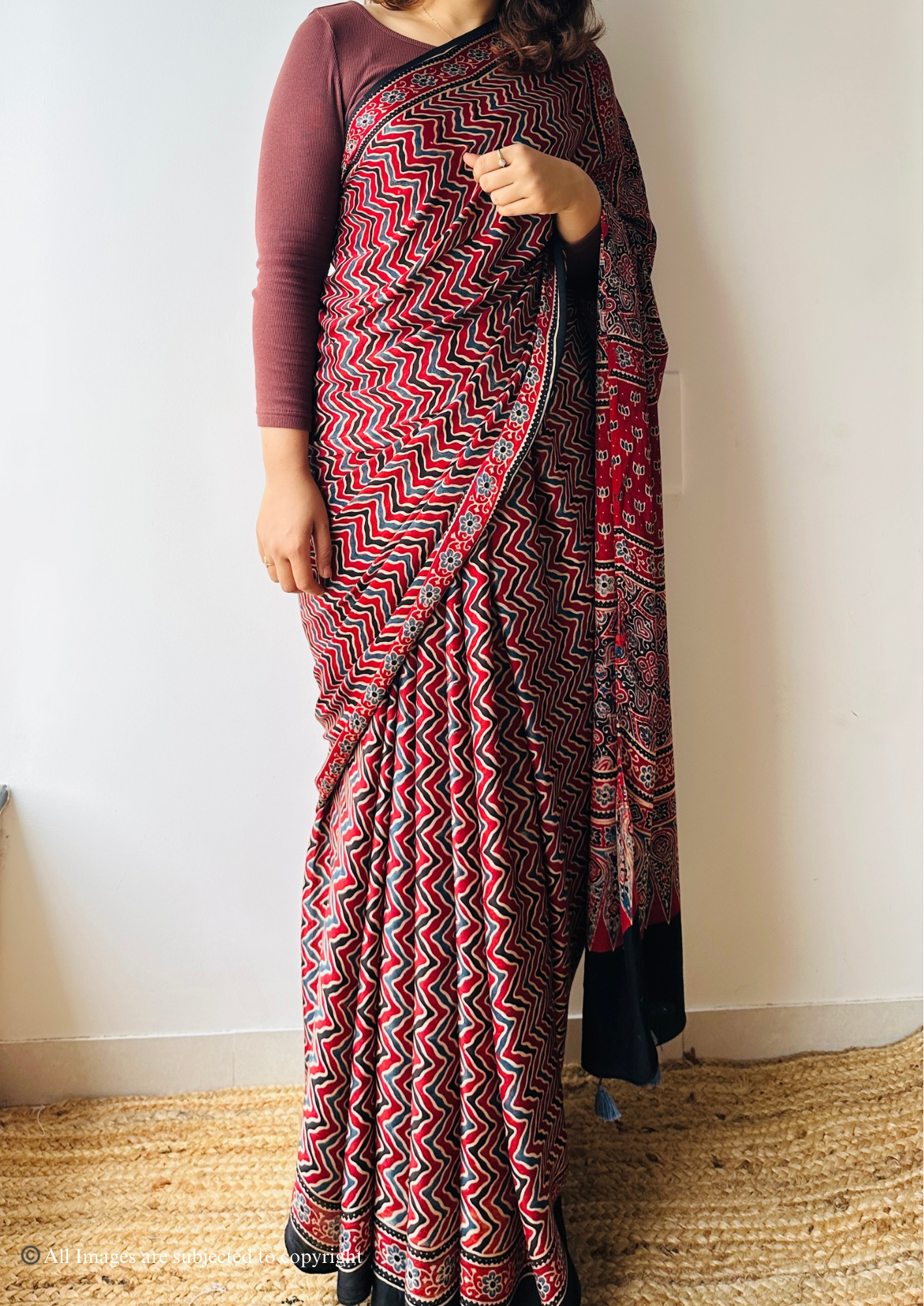 Handblocked Sustainable Ajrak Red Saree With zig zag pattern with Tassels