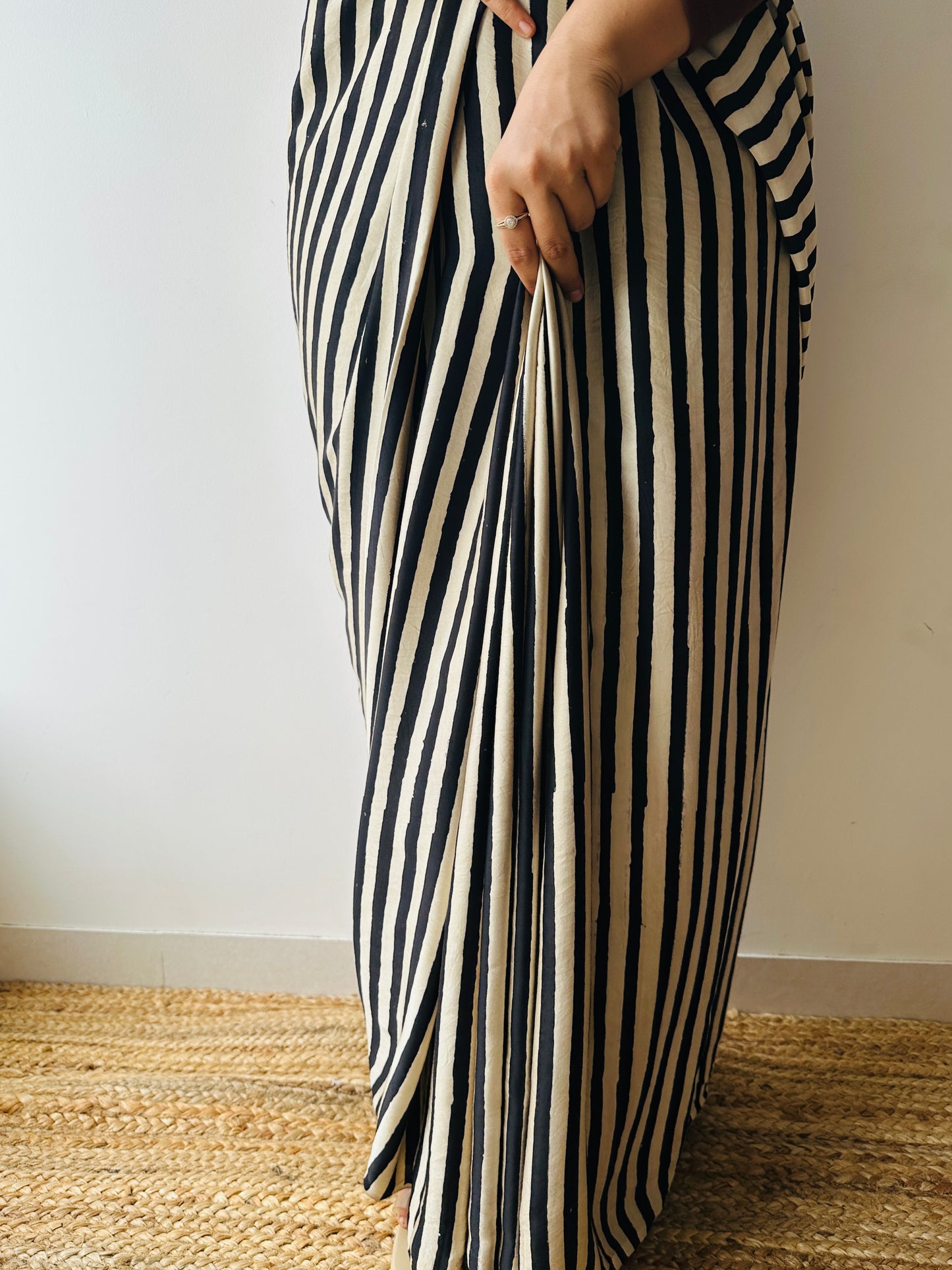 Handblocked Sustainable Ajrak Black & white Stripe Saree with Tassels