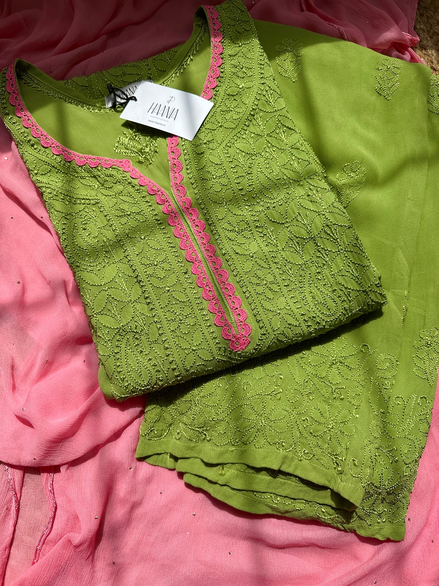 Matcha Inspired Full Jaal Chikankari 3 Piece Suit Set