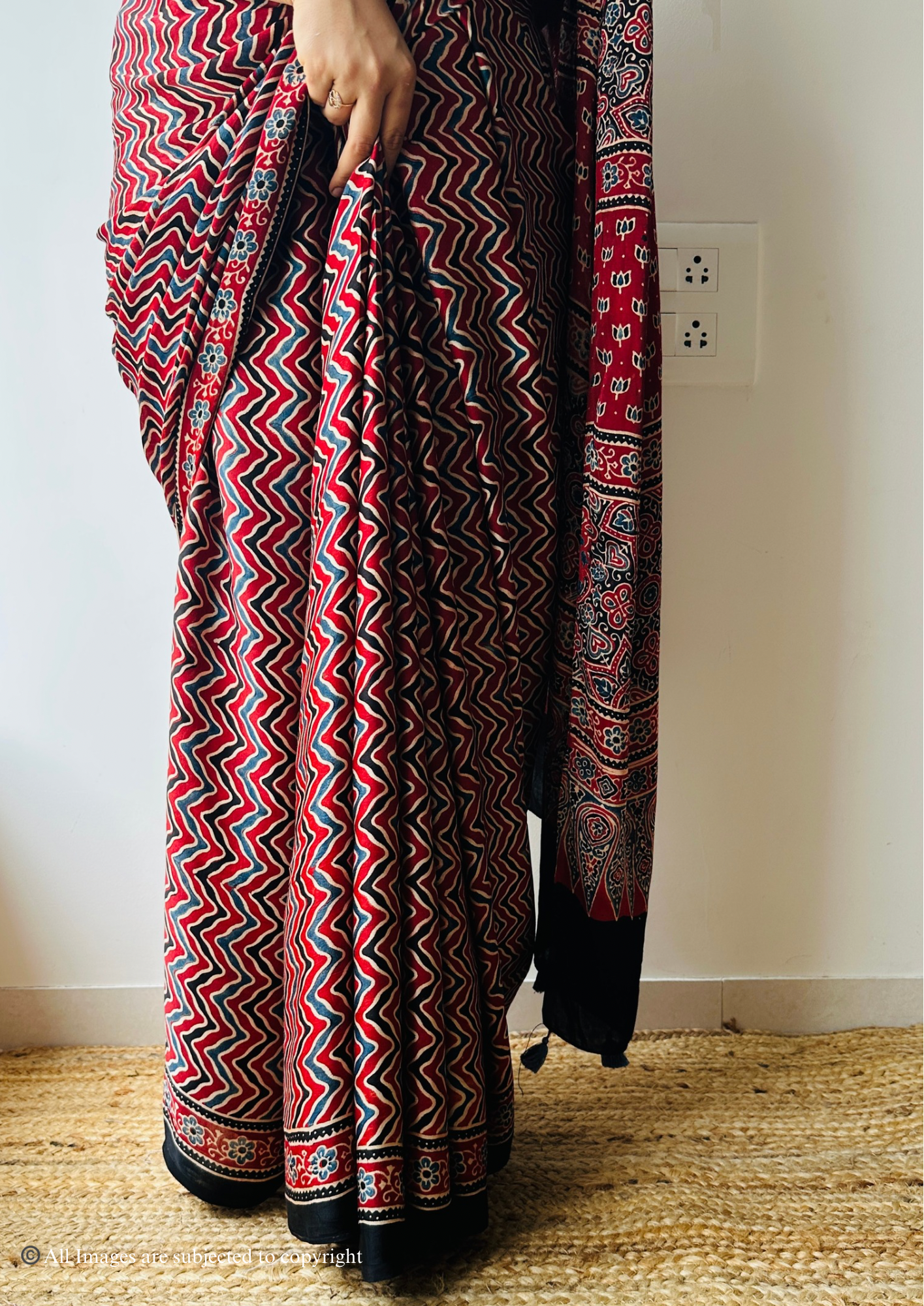 Handblocked Sustainable Ajrak Red Saree With zig zag pattern with Tassels
