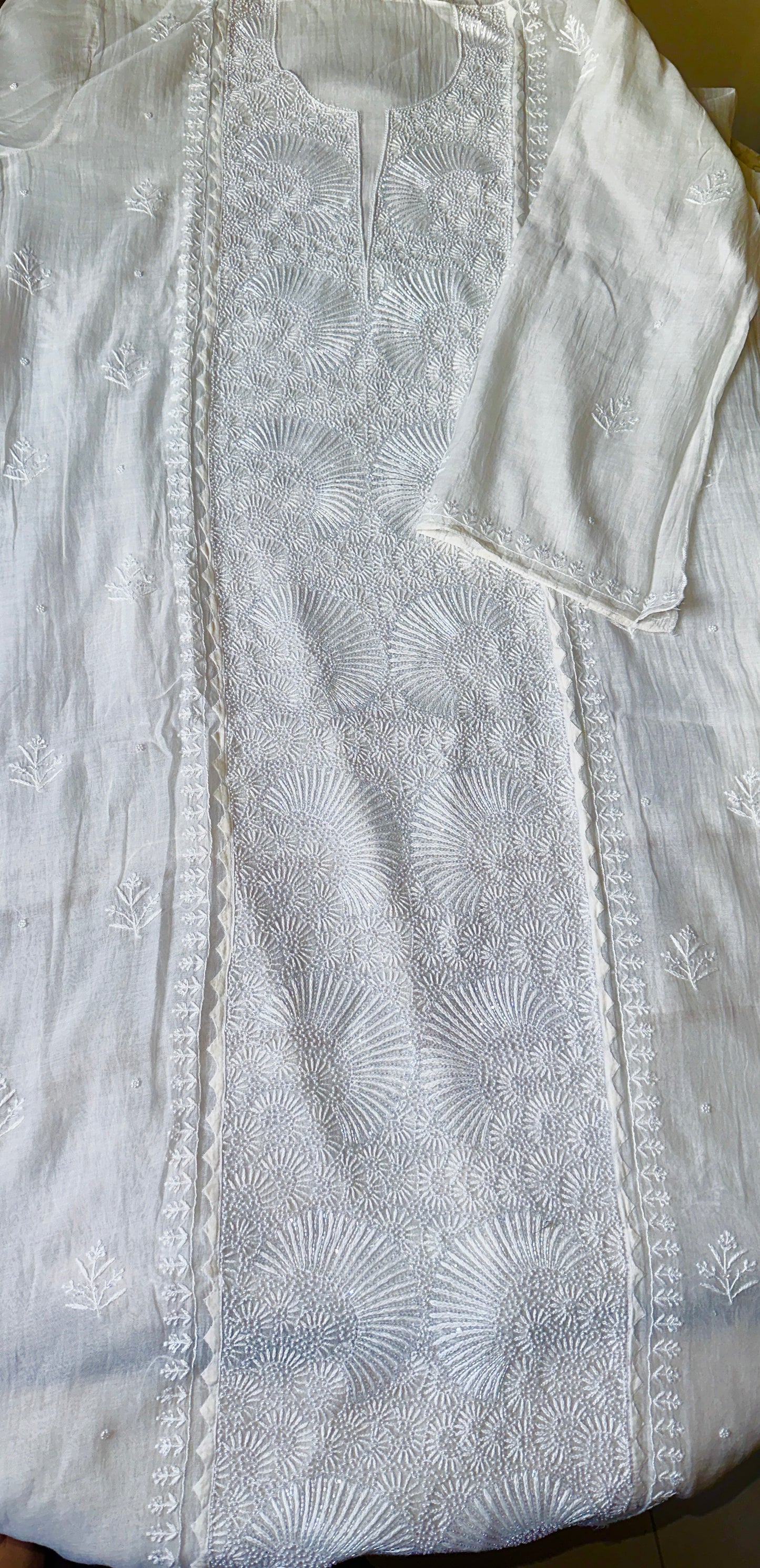 Seashell Mul Chanderi Chikankari Unstitched Suit Set