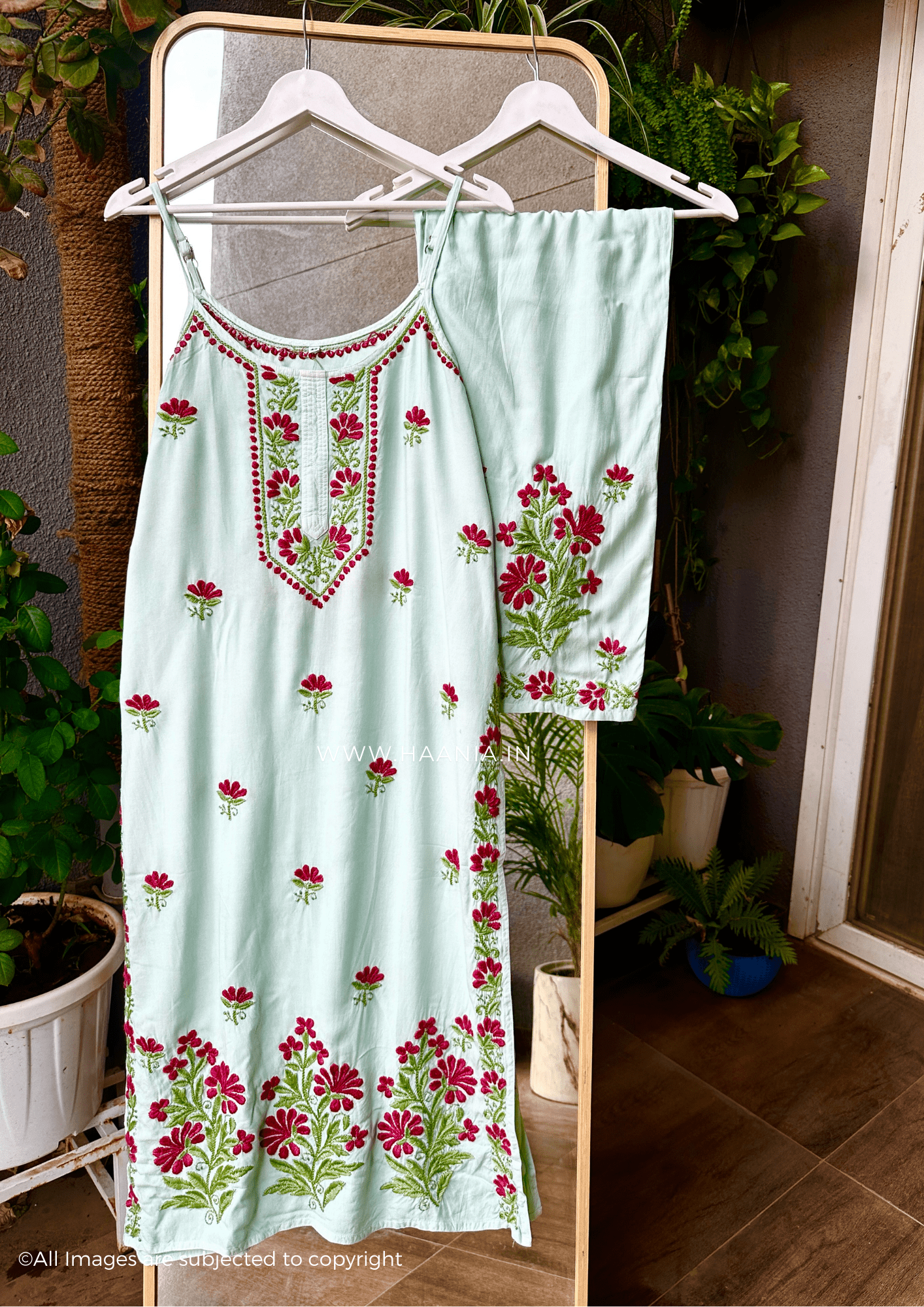 Khushboo Rani & Green Noodle Strap Modal Cotton Suit Set