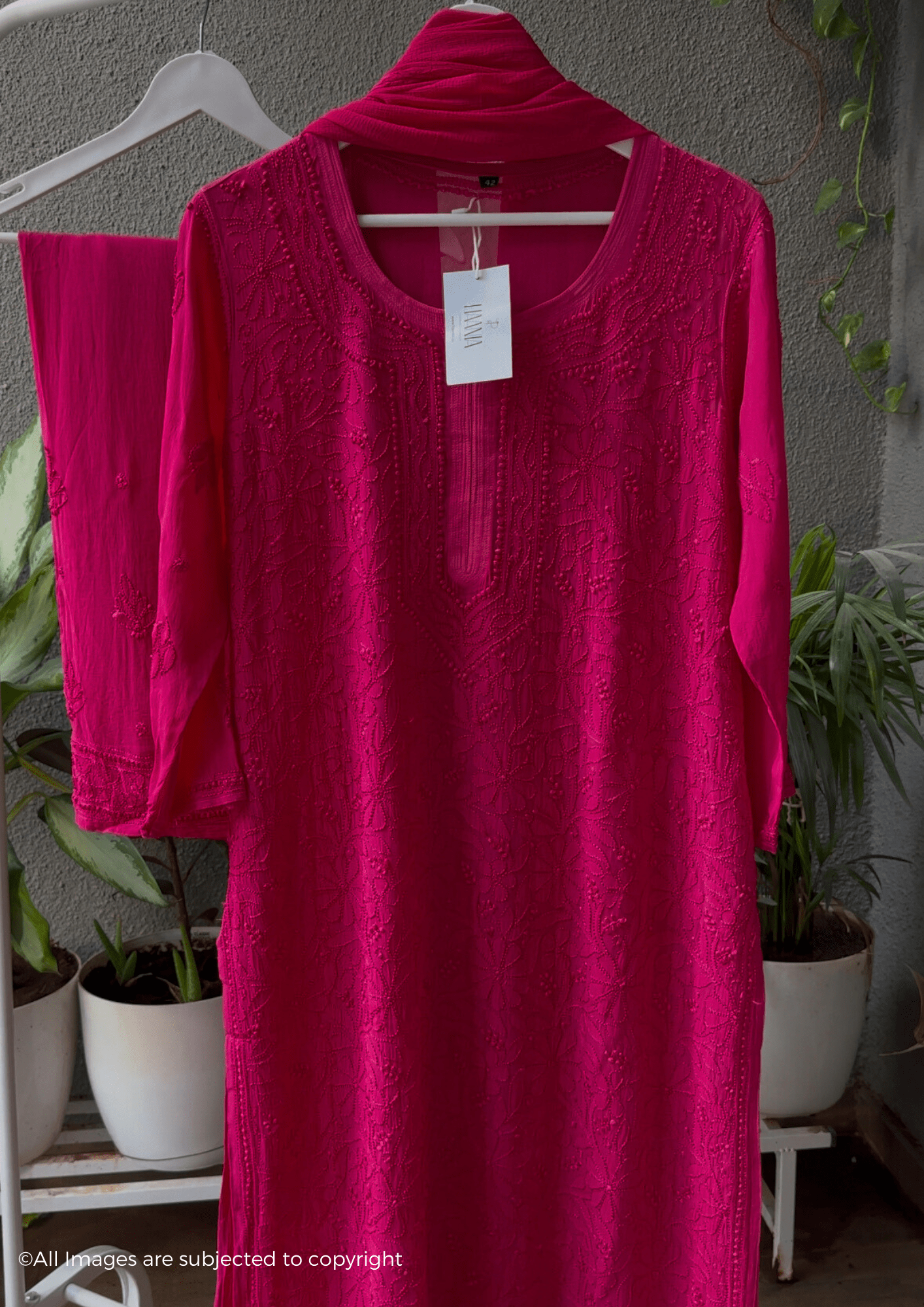 Urfi Inspired Hot Pink Chikankari 3 Piece Suit Set