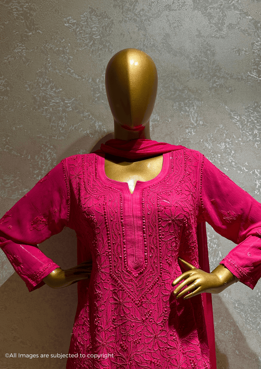 Urfi Inspired Hot Pink Chikankari 3 Piece Suit Set