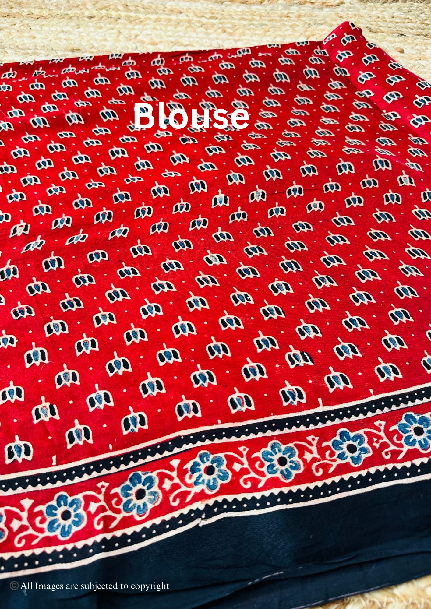 Handblocked Sustainable Ajrak Red Saree With zig zag pattern with Tassels