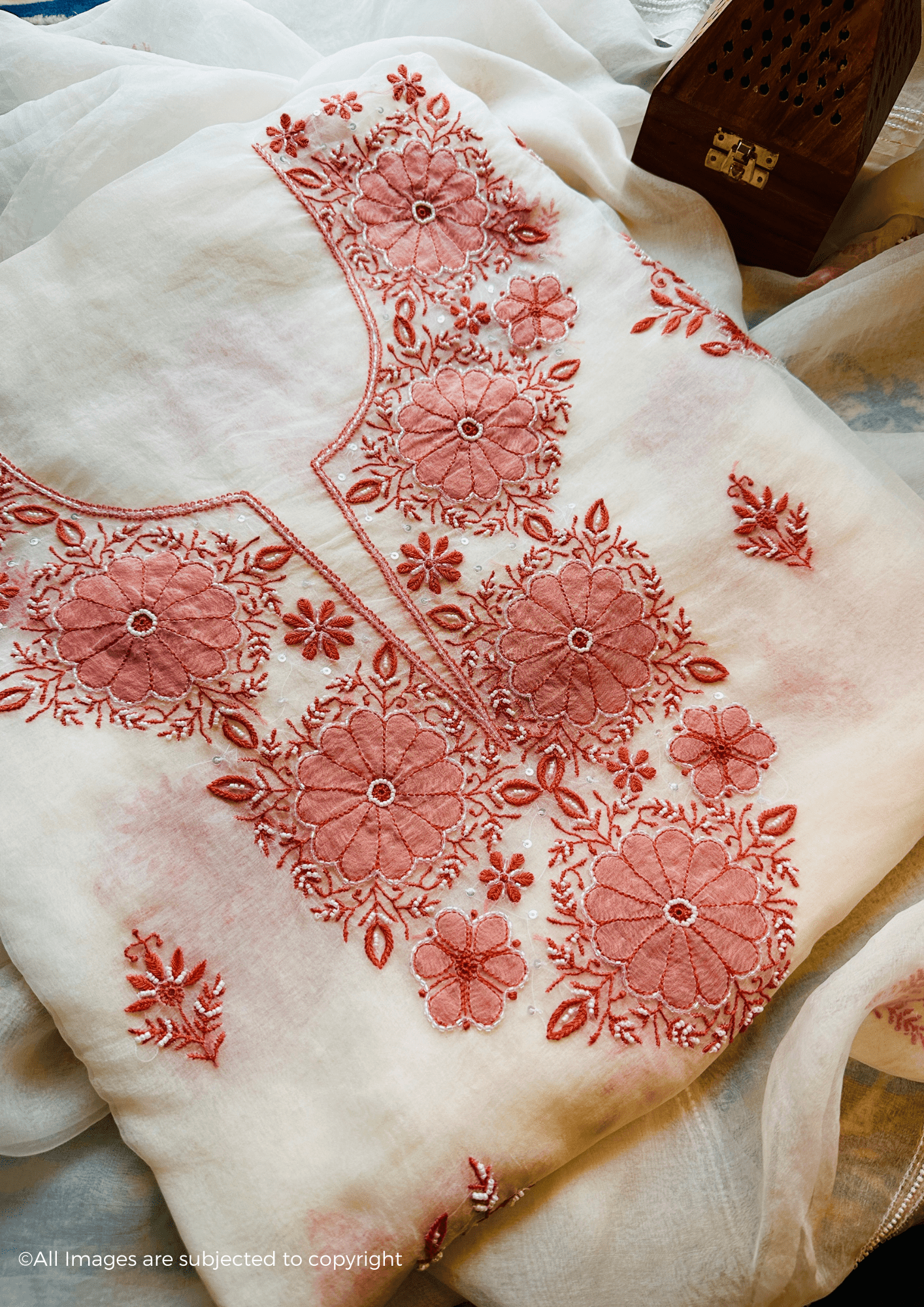 Handcrafted Chikankari Organza Silk Pearl & Cutdana Suit Set