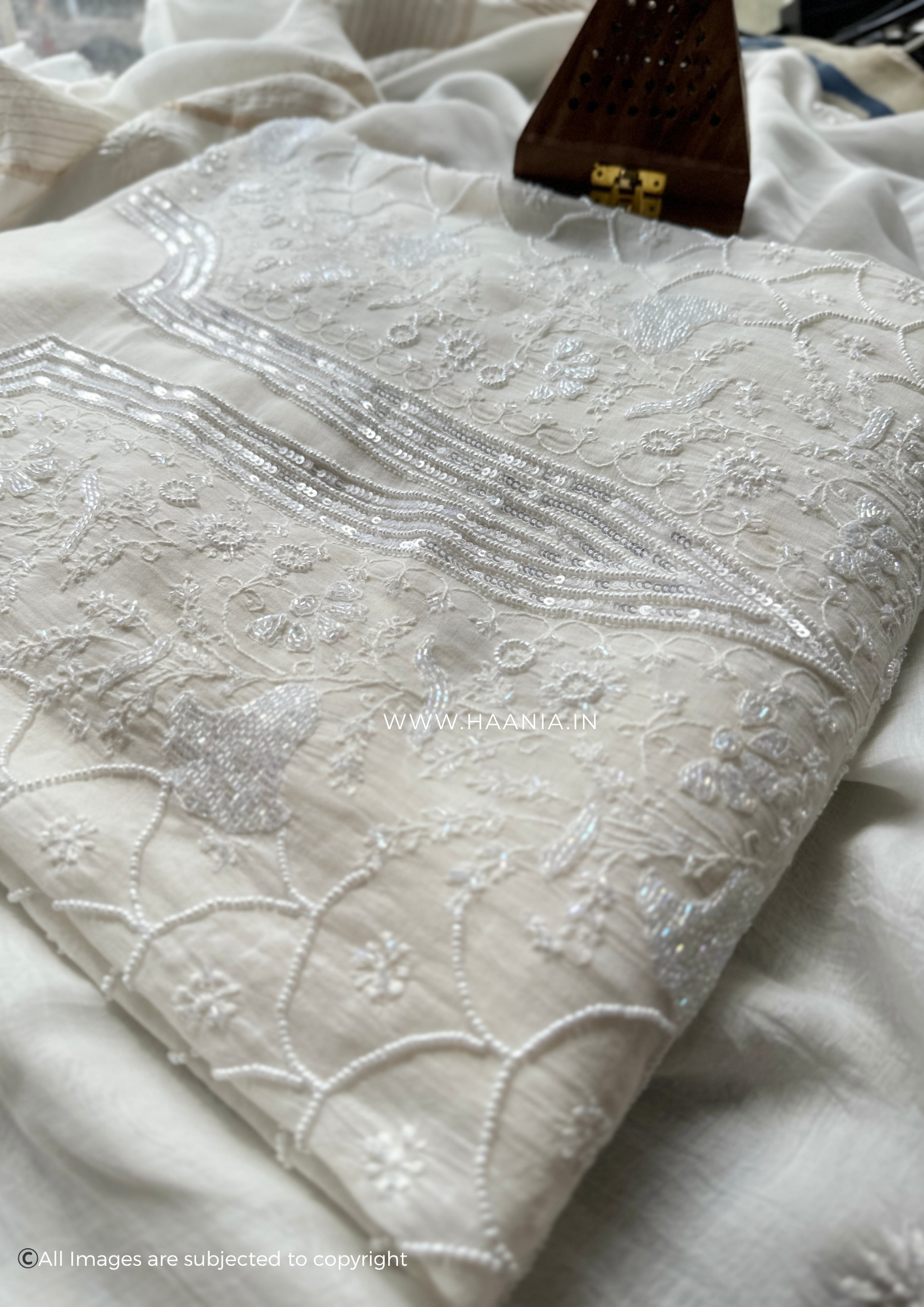 Handcrafted Chikankari Mul Chanderi Unstitched Suit Set With Pearl & Cutdana Embellishments