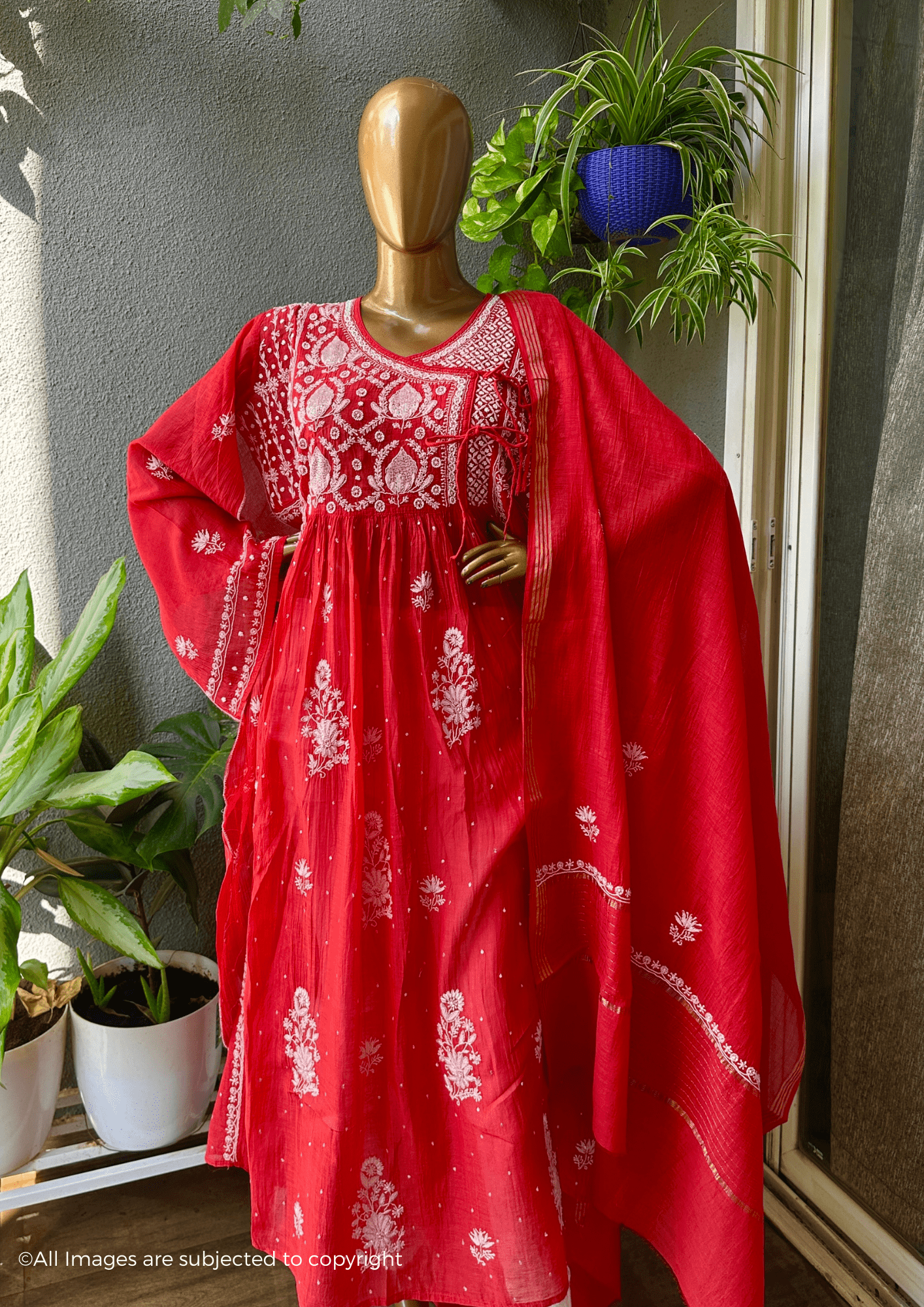 Handcrafted Chikankari Premium Mul Chanderi Angrakha Suit Set