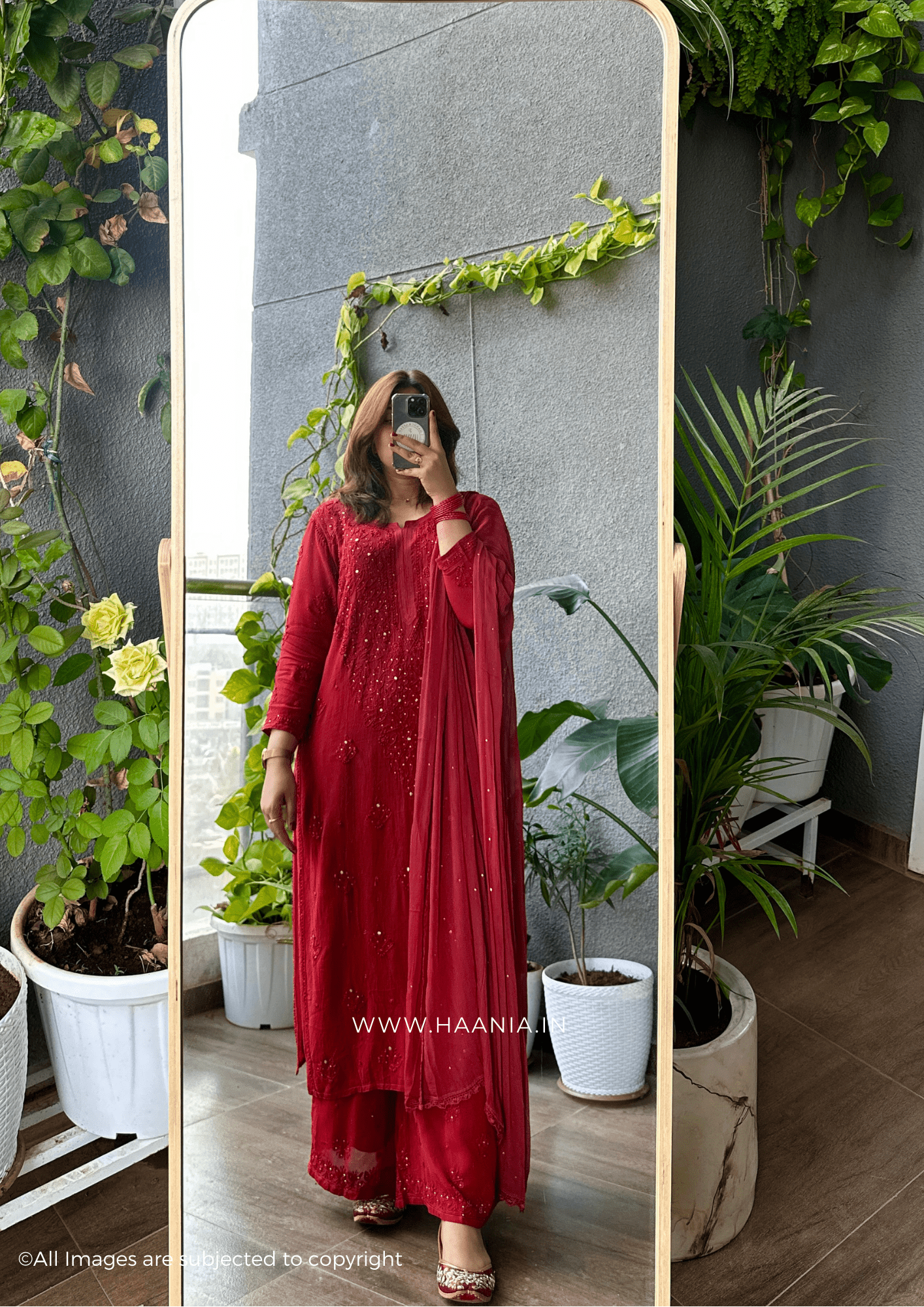 Red Handcrafted Chikankari Premium Viscose Suit Set
