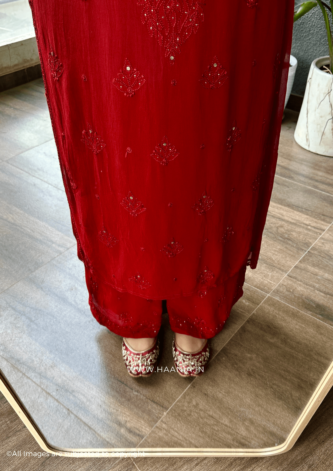 Red Handcrafted Chikankari Premium Viscose Suit Set
