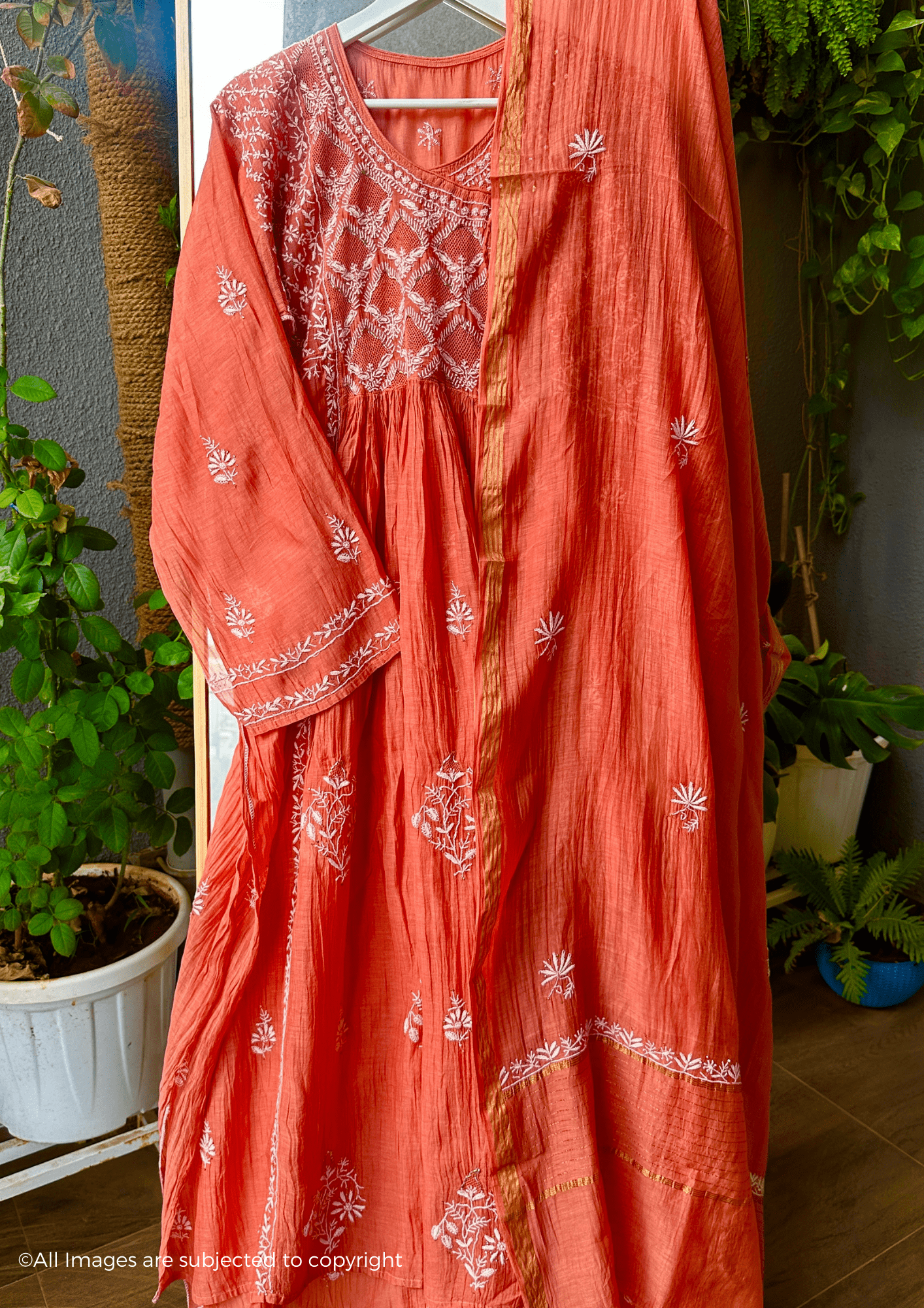 Handcrafted Chikankari Mul Chanderi Angrakha with Kasab Jaal & Kamdani Embellishments