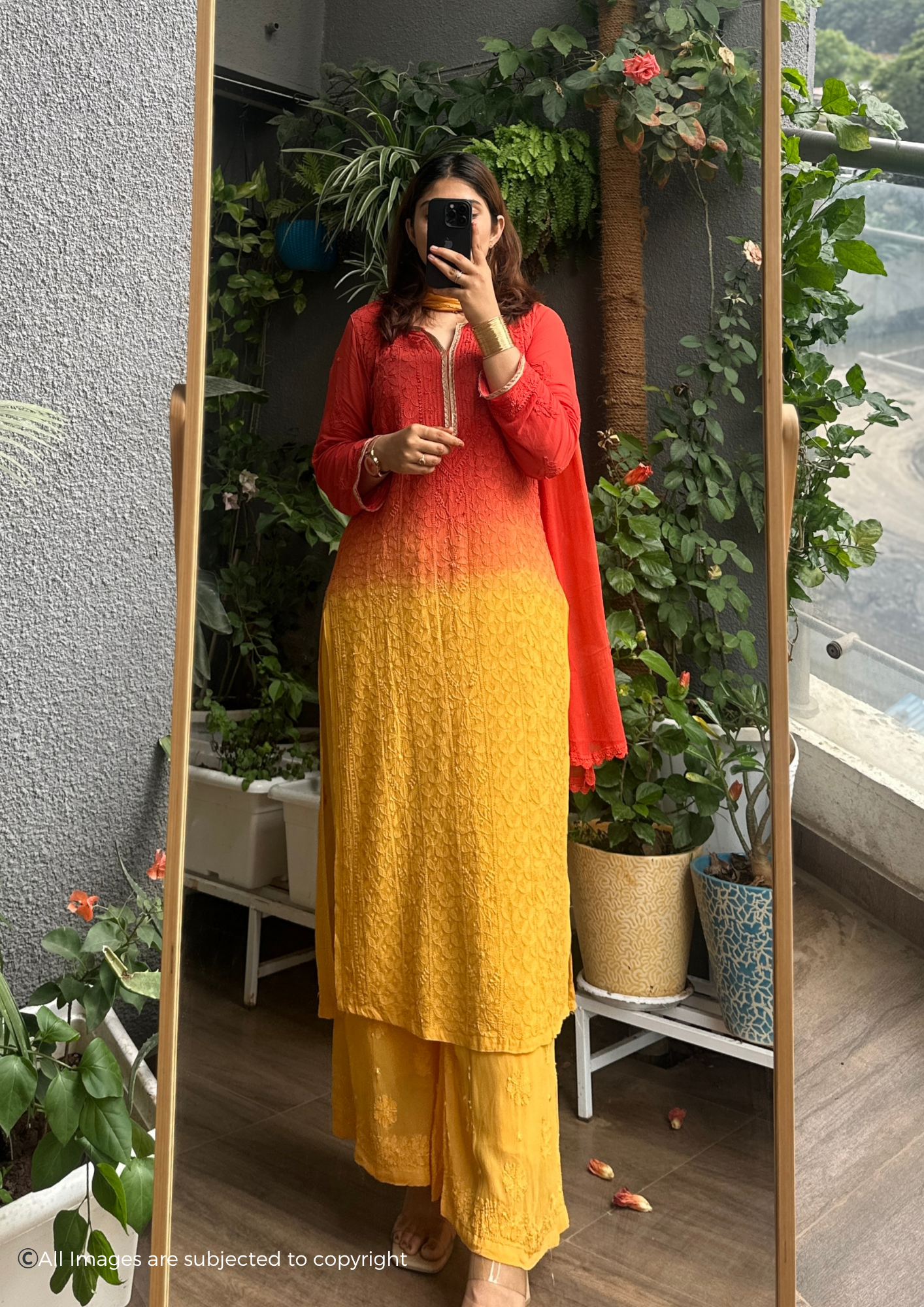 Hues of Sunset Handcrafted Chikankari Viscose 3 piece suit set