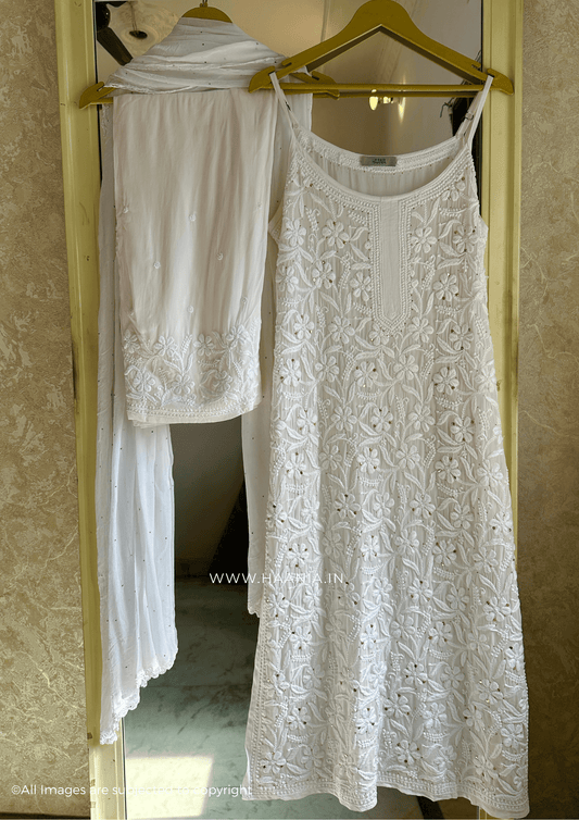 Diva Handcrafted Chikankari Noodle Strap Suit Set With Mukaish Embellishments