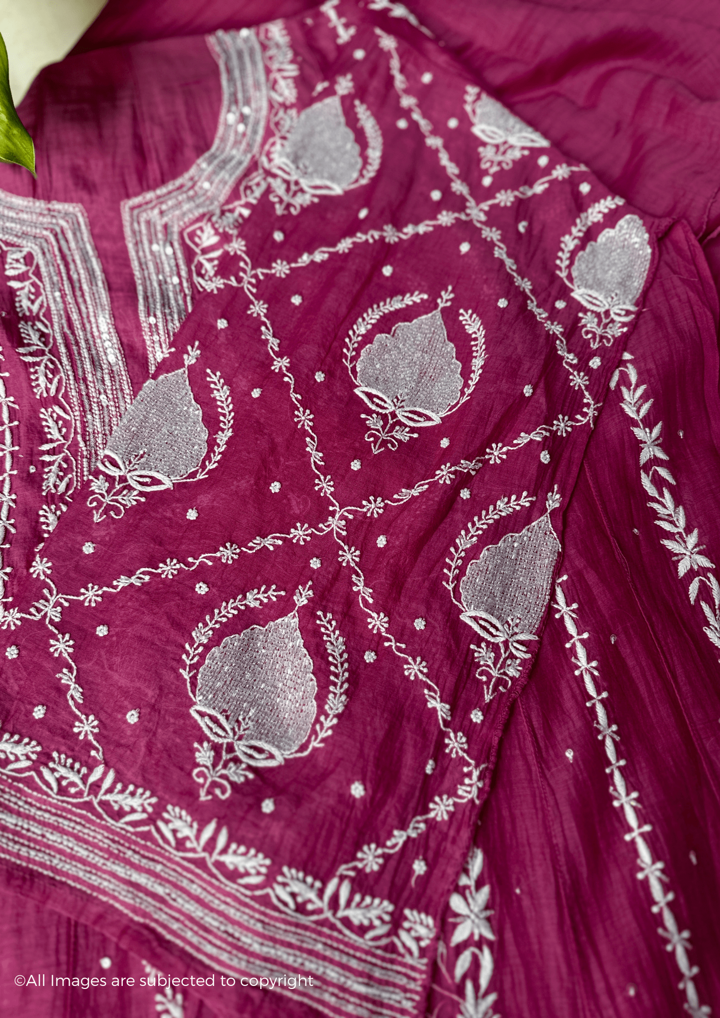 Mul Chanderi Handcrafted Chikankari Anarkali with pearl & Cutdana Embellishments