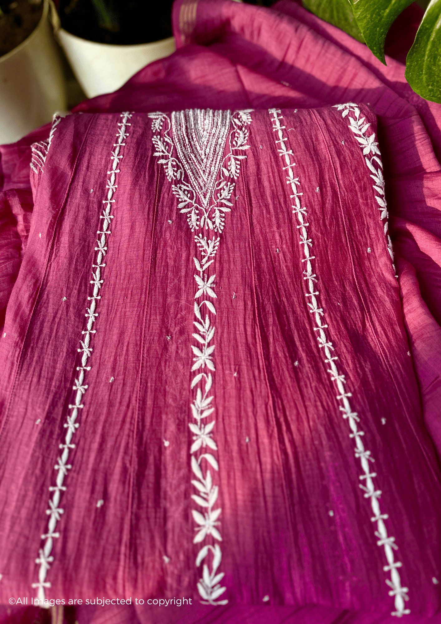 Mul Chanderi Handcrafted Chikankari Anarkali with pearl & Cutdana Embellishments