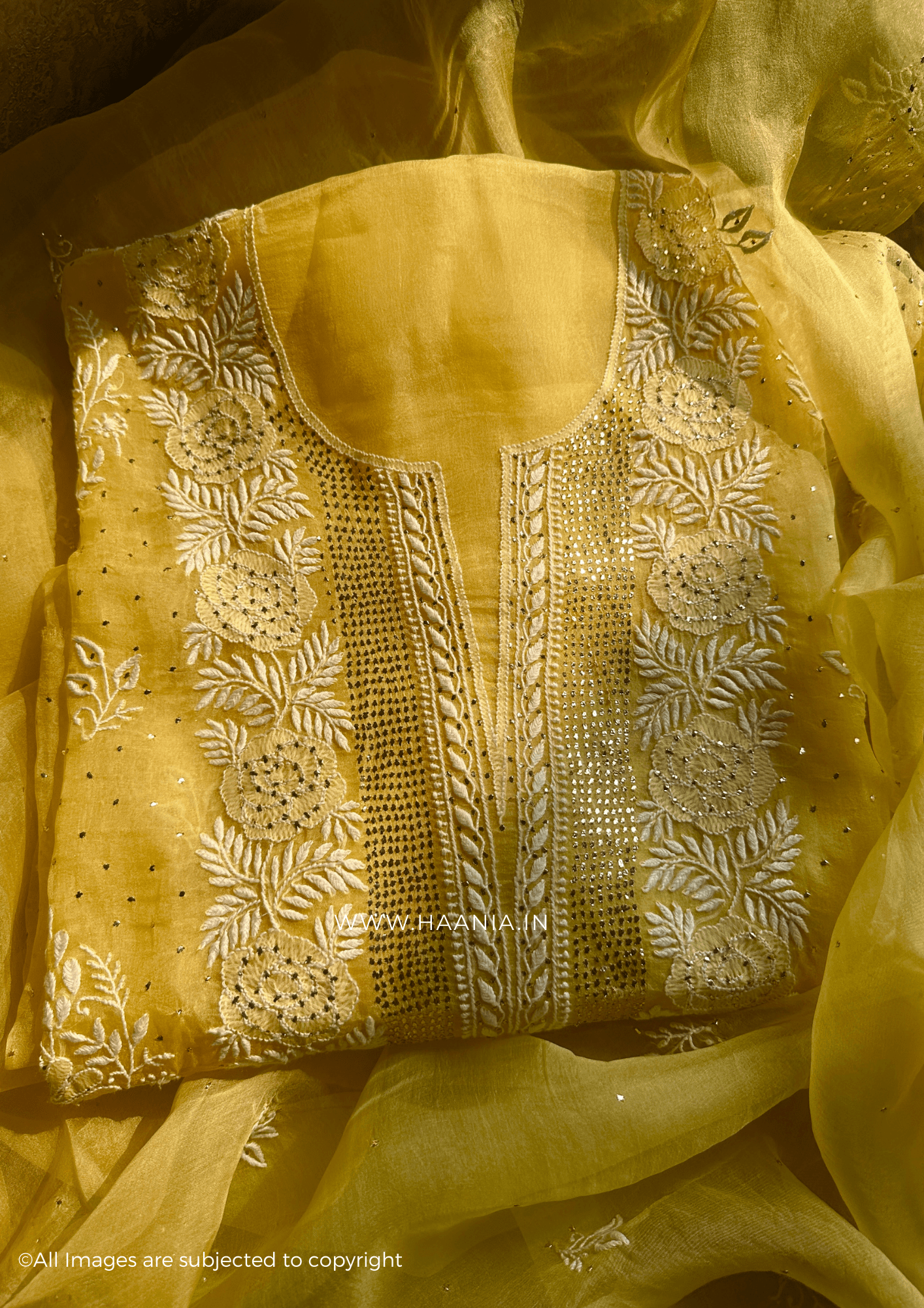 Chikankari Organza Silk Unstitched Suit Set With Mukaish Embellishments