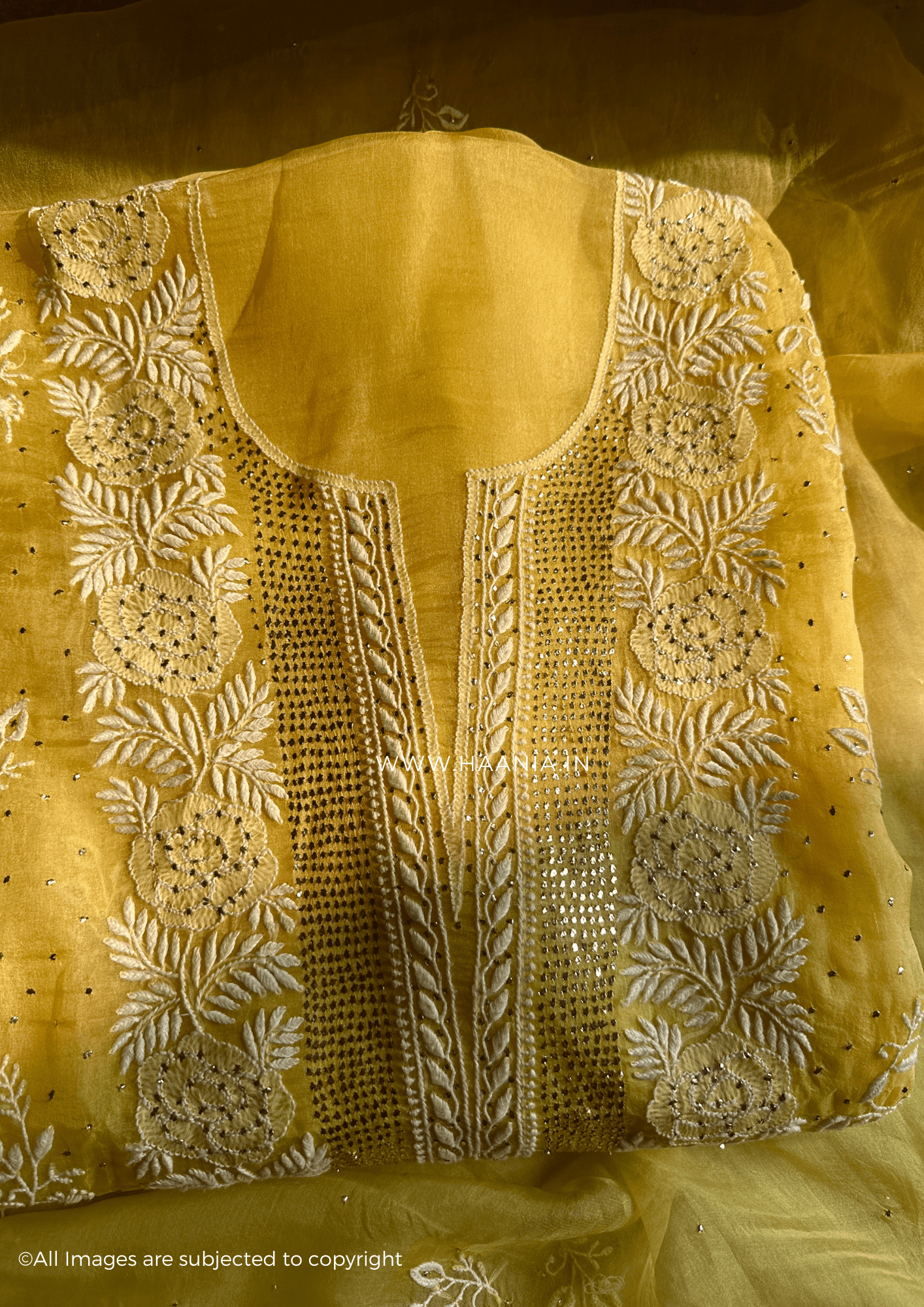 Chikankari Organza Silk Unstitched Suit Set With Mukaish Embellishments