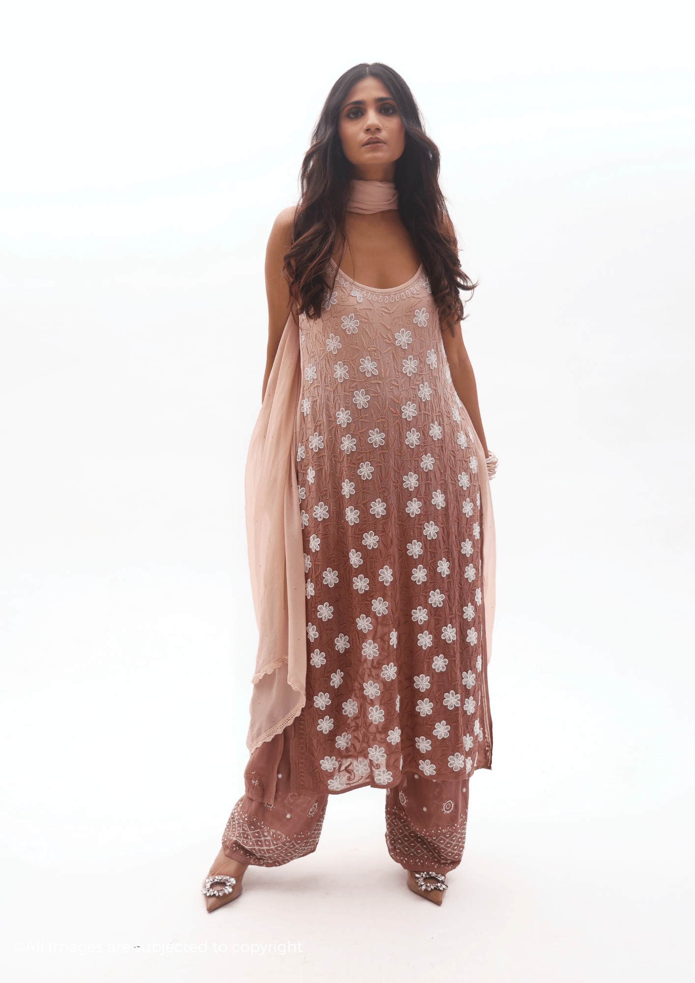 Zyara Chikankari Cut Dana Noodle Strap Suit Set