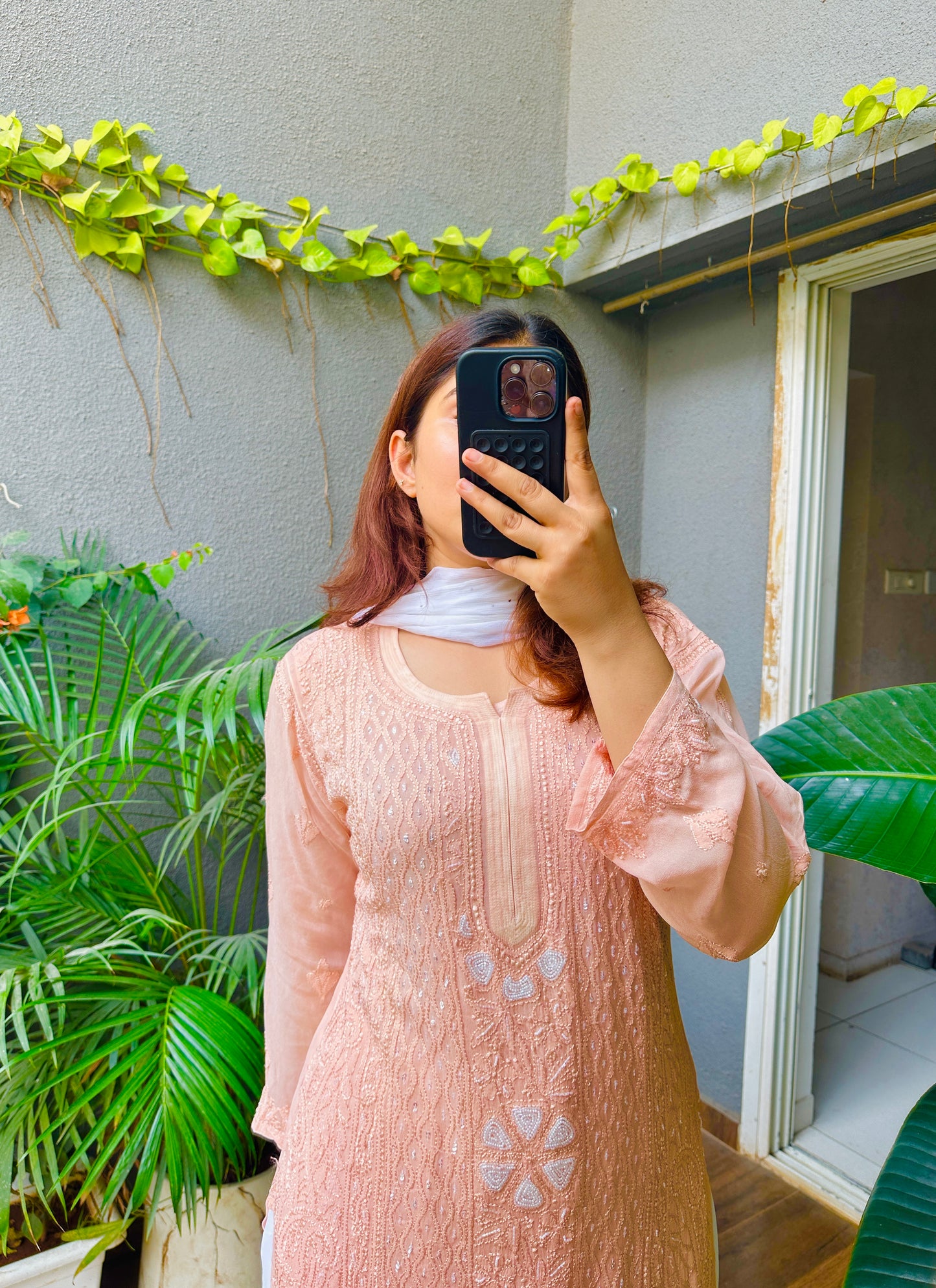 Viral Pearl Cutdana Chikankari Kurti - Light Peach