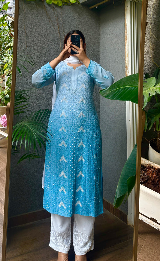 Viral Pearl & Cutdana Chikankari Kirti - Ombré Blue