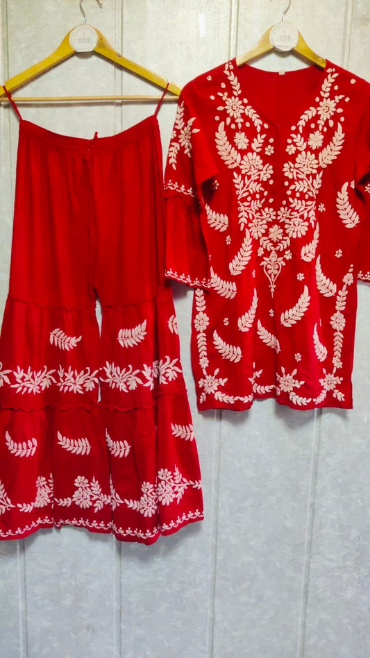 Red Mul Cotton Chikankari Double Layer Garara & Kurta Set