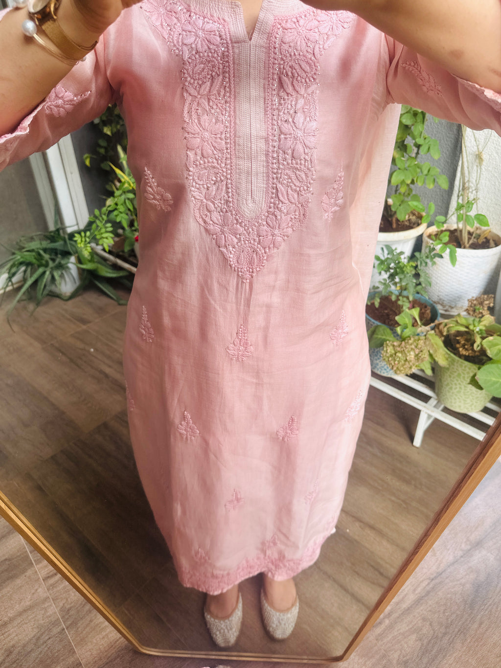 Salmon Pink Handcrafted Chikankari Chanderi Silk Suit Set