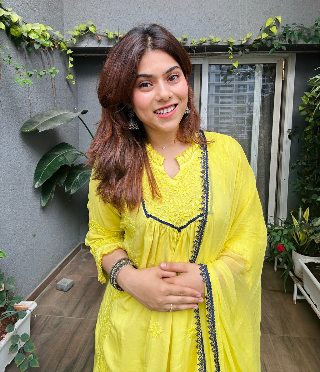 Lemon Zesty Handcrafted Chikankari Premium Muslin 3 Piece Suit Set
