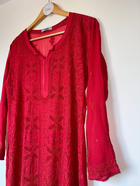 Viral Pearl & Cutdana Chikankari Kurti - Red