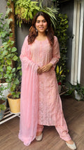 Mul Mul Chanderi Handcrafted Chikankari Pearl & Cutdana 3 piece suit set