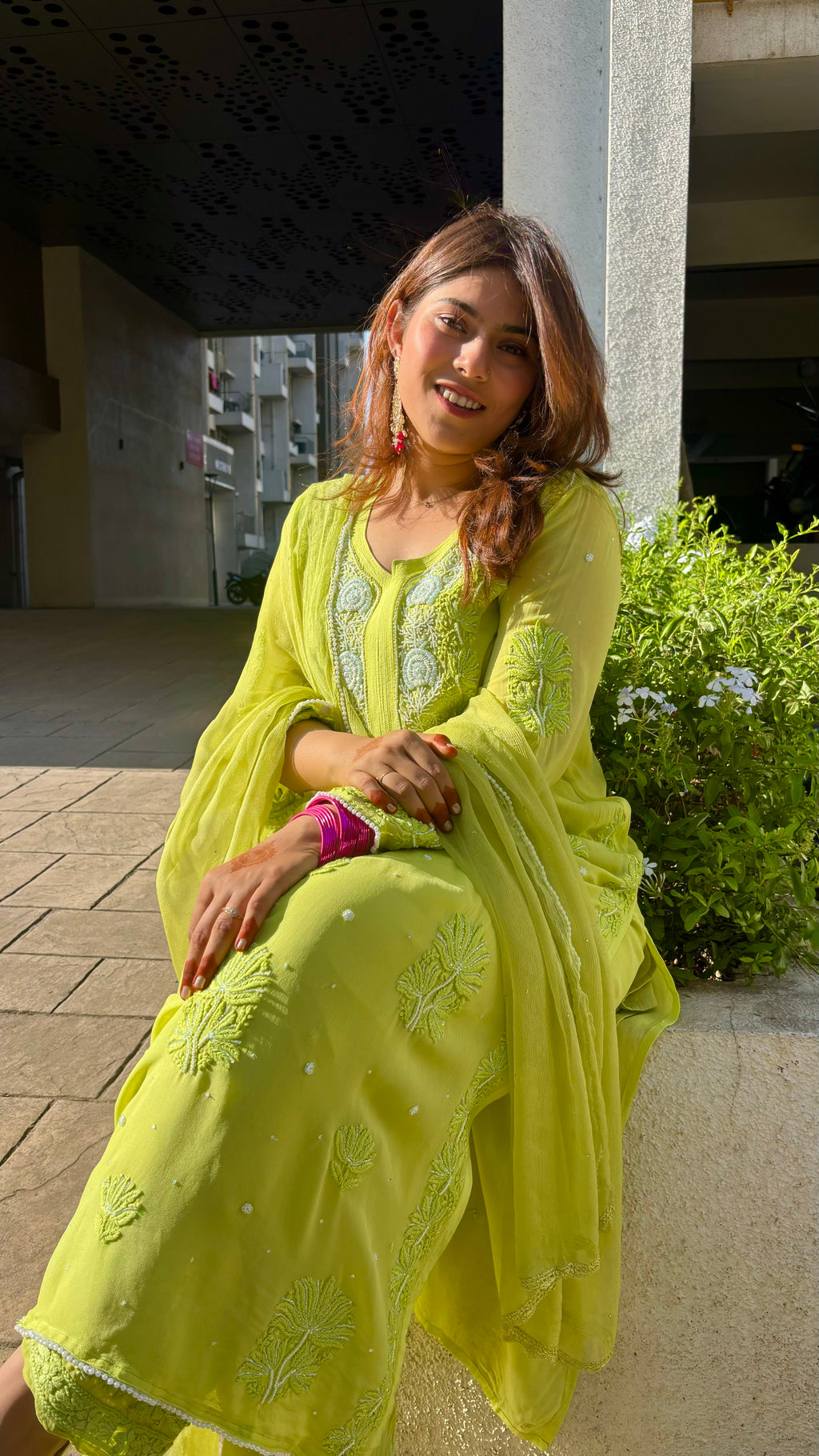 Nooré Lime green Handcrafted Pearl & Cutdana embellished Chikankari Kurta & Suit Set