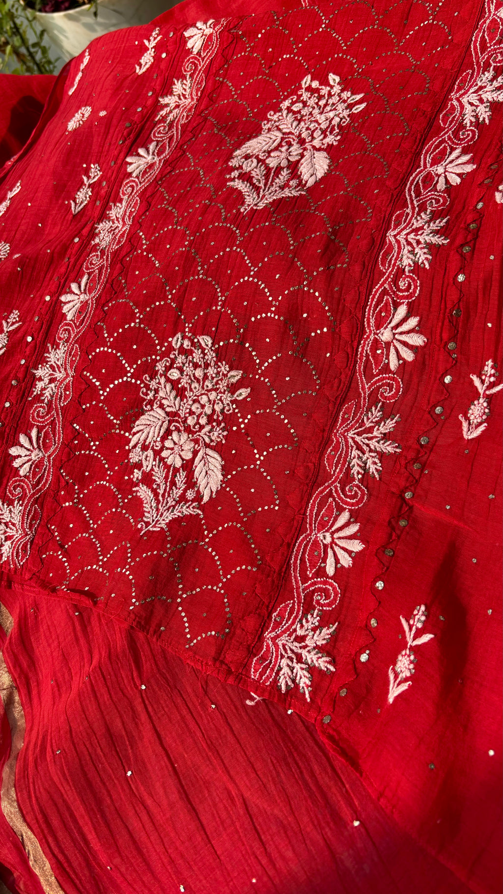 Red Premium Mul Chanderi Semi Stitched 3 piece suit set