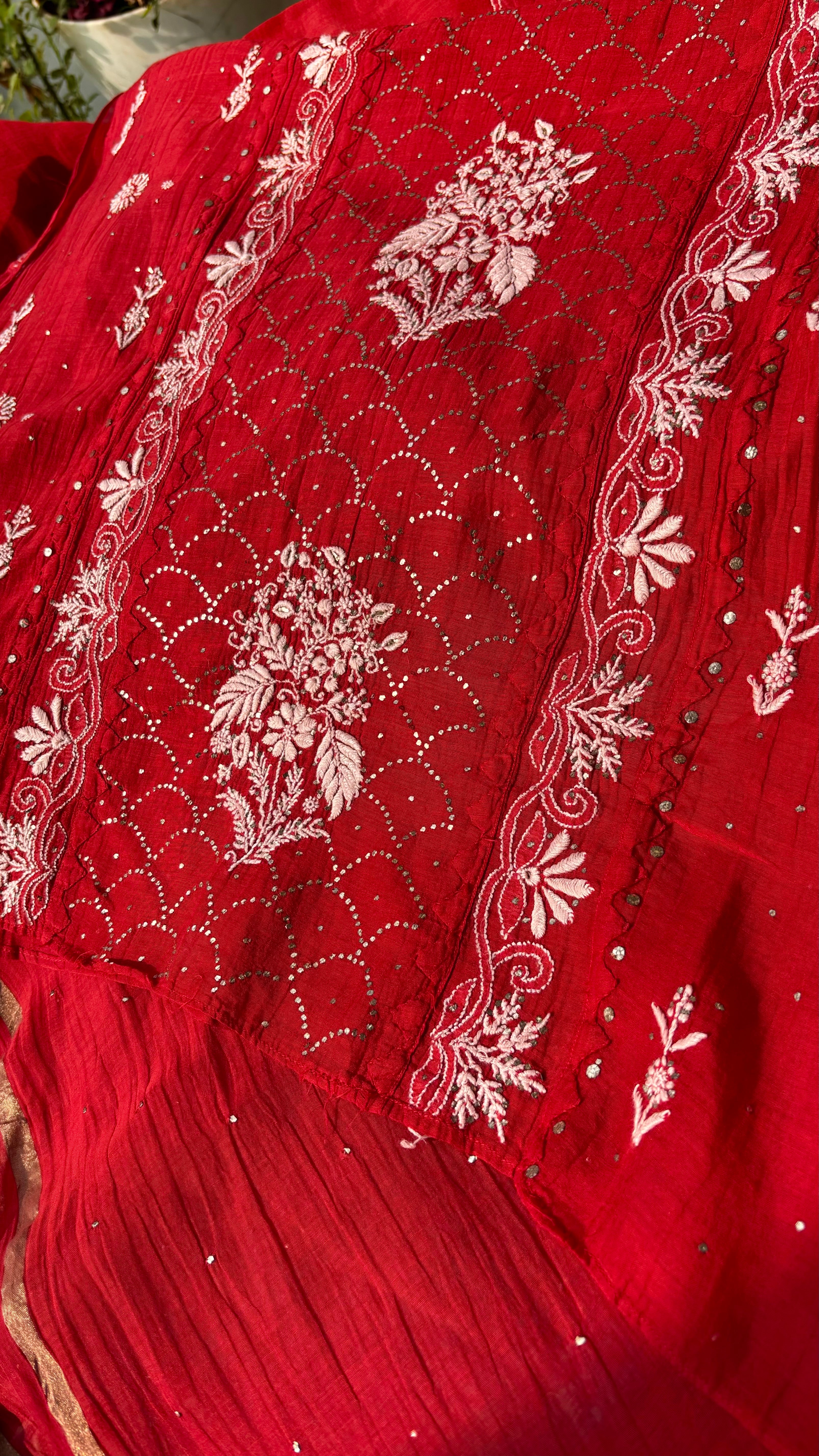 Red Premium Mul Chanderi Semi Stitched 3 piece suit set