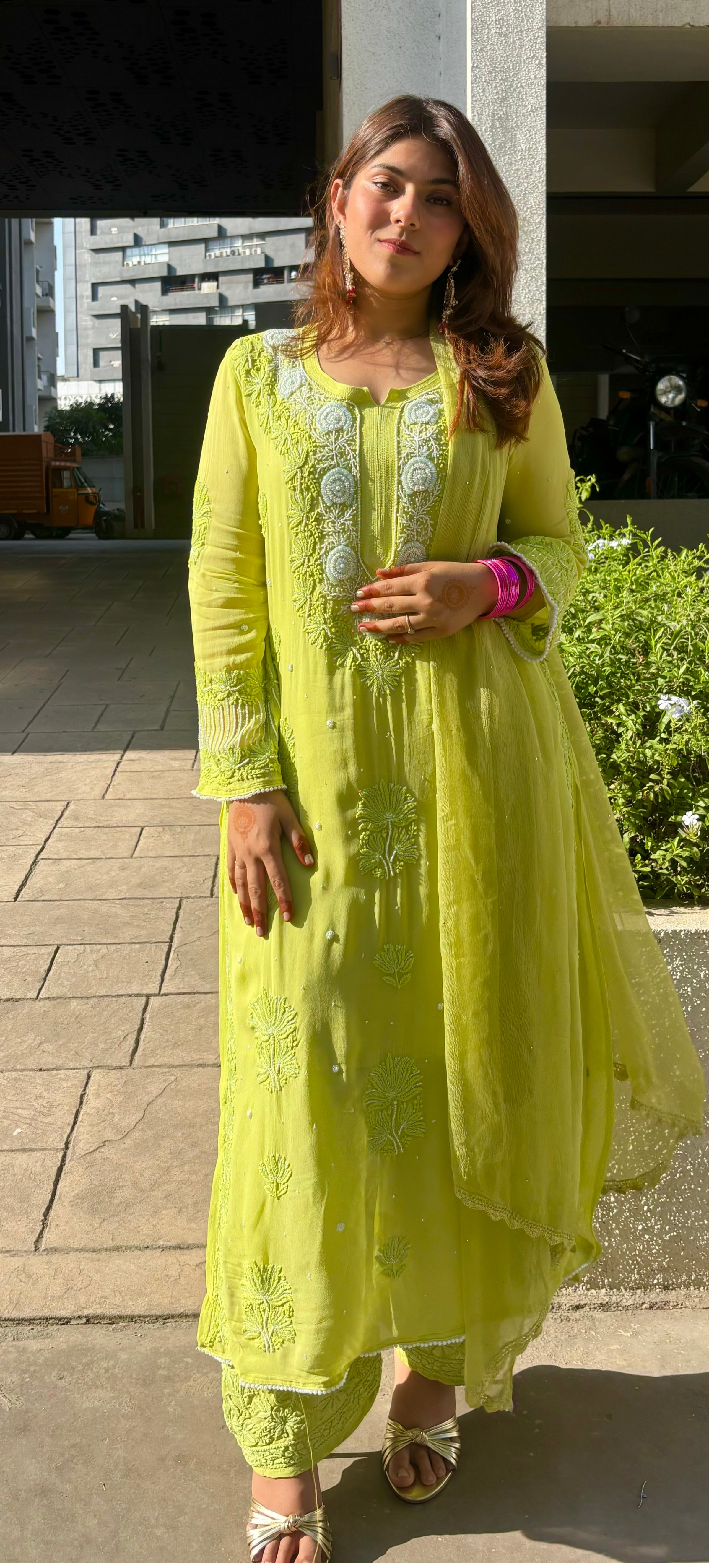 Nooré Lime green Handcrafted Pearl & Cutdana embellished Chikankari Kurta & Suit Set
