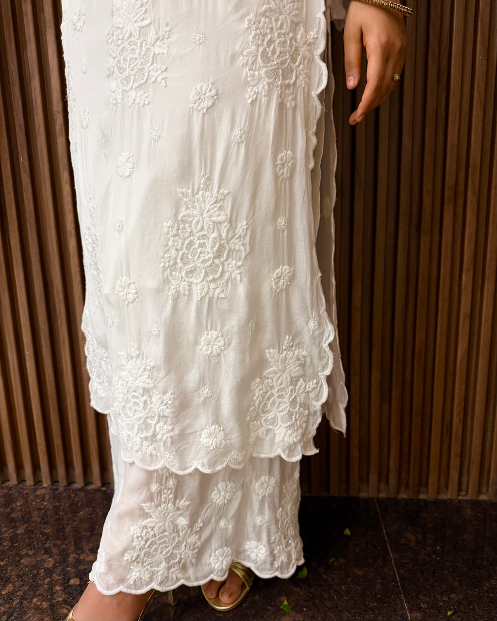 Chand Muslin Pearl & Cutdana Chikankari Suit Set.