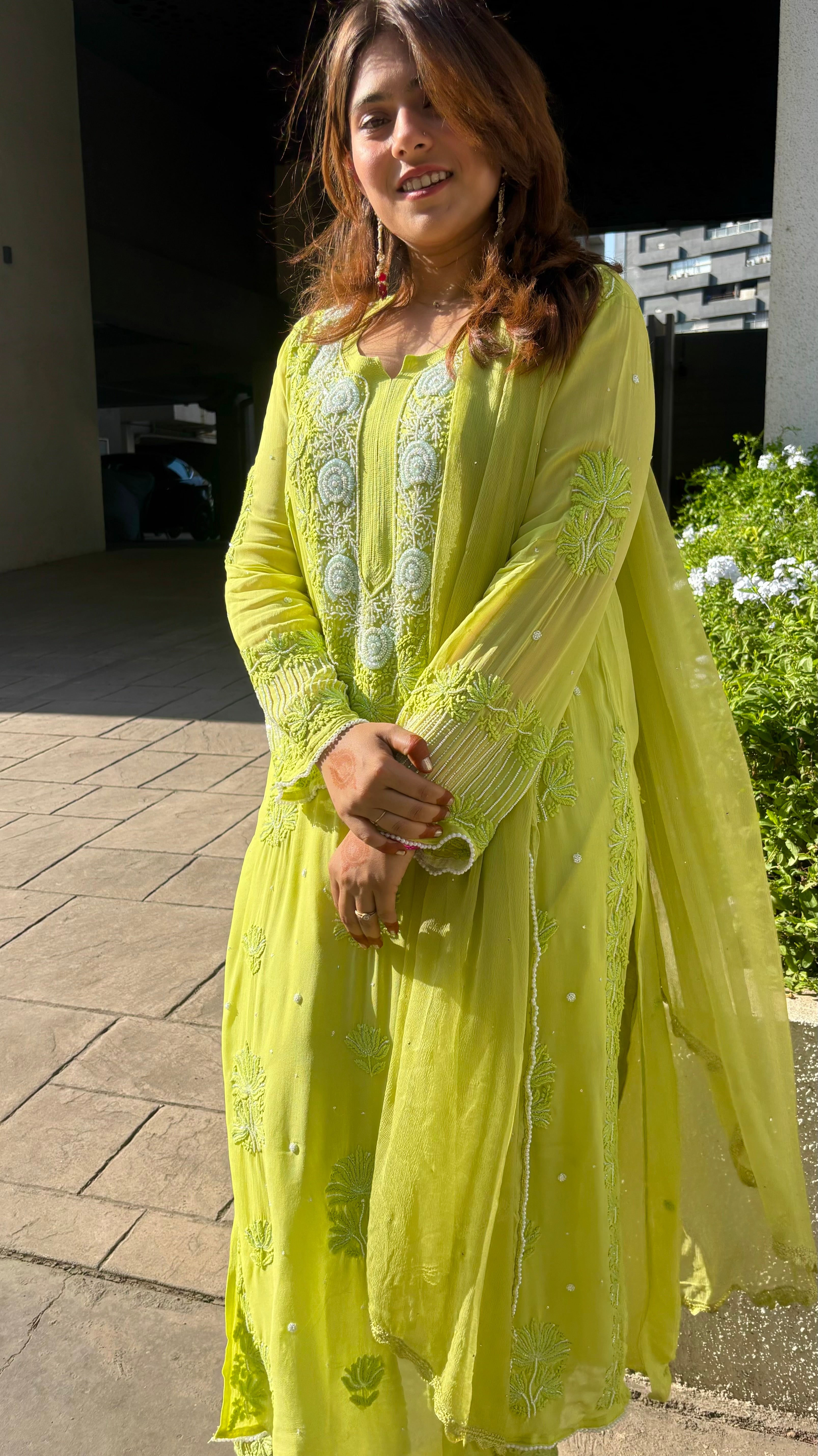 Nooré Lime green Handcrafted Pearl & Cutdana embellished Chikankari Kurta & Suit Set