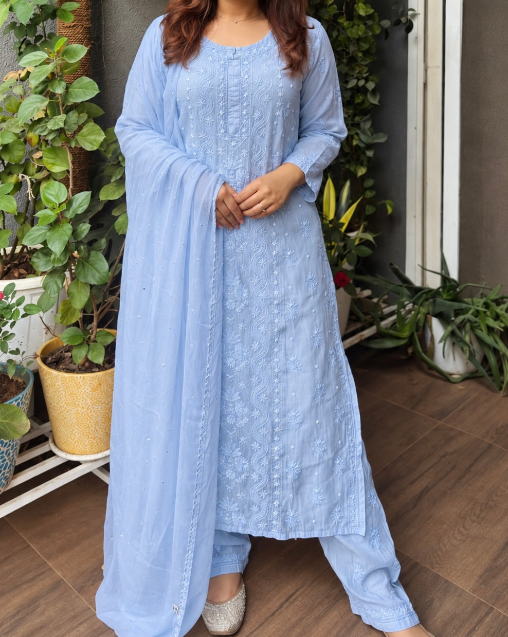 Mul Mul Chanderi Handcrafted Chikankari Pearl & Cutdana 3 piece suit set