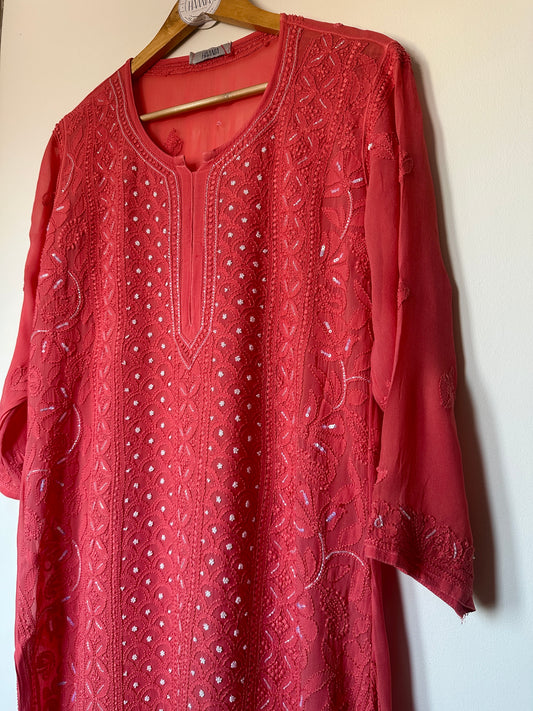 Our Viral Pearl & Cutdana Chikankari Suit Set - Carrot pink