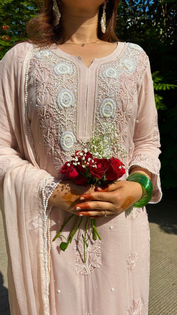Nooré Beige Handcrafted Pearl & Cutdana embellished Chikankari  Suit Set