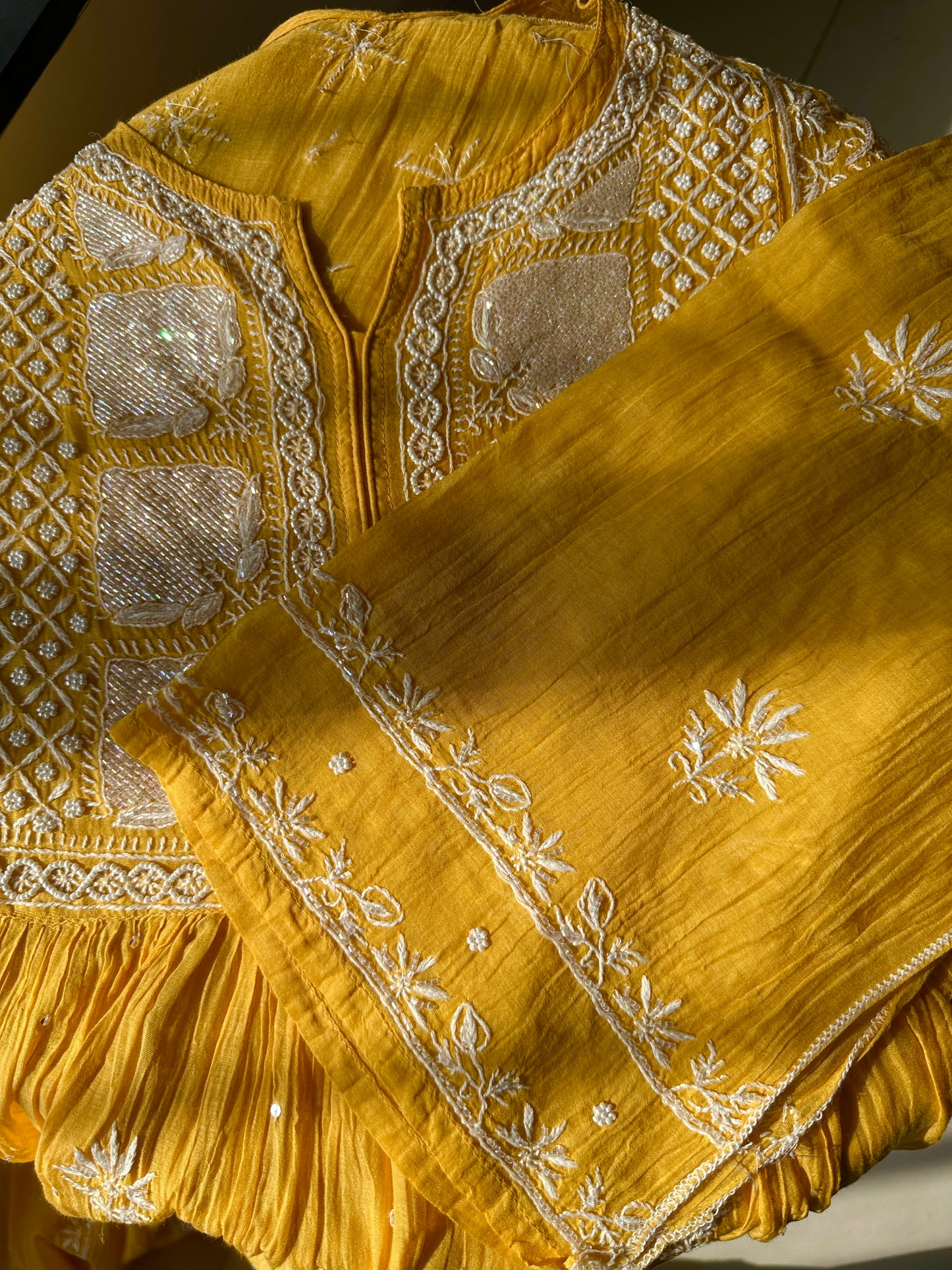 Luxe Chikankari Mul Chanderi Semi Stitched Suit Set