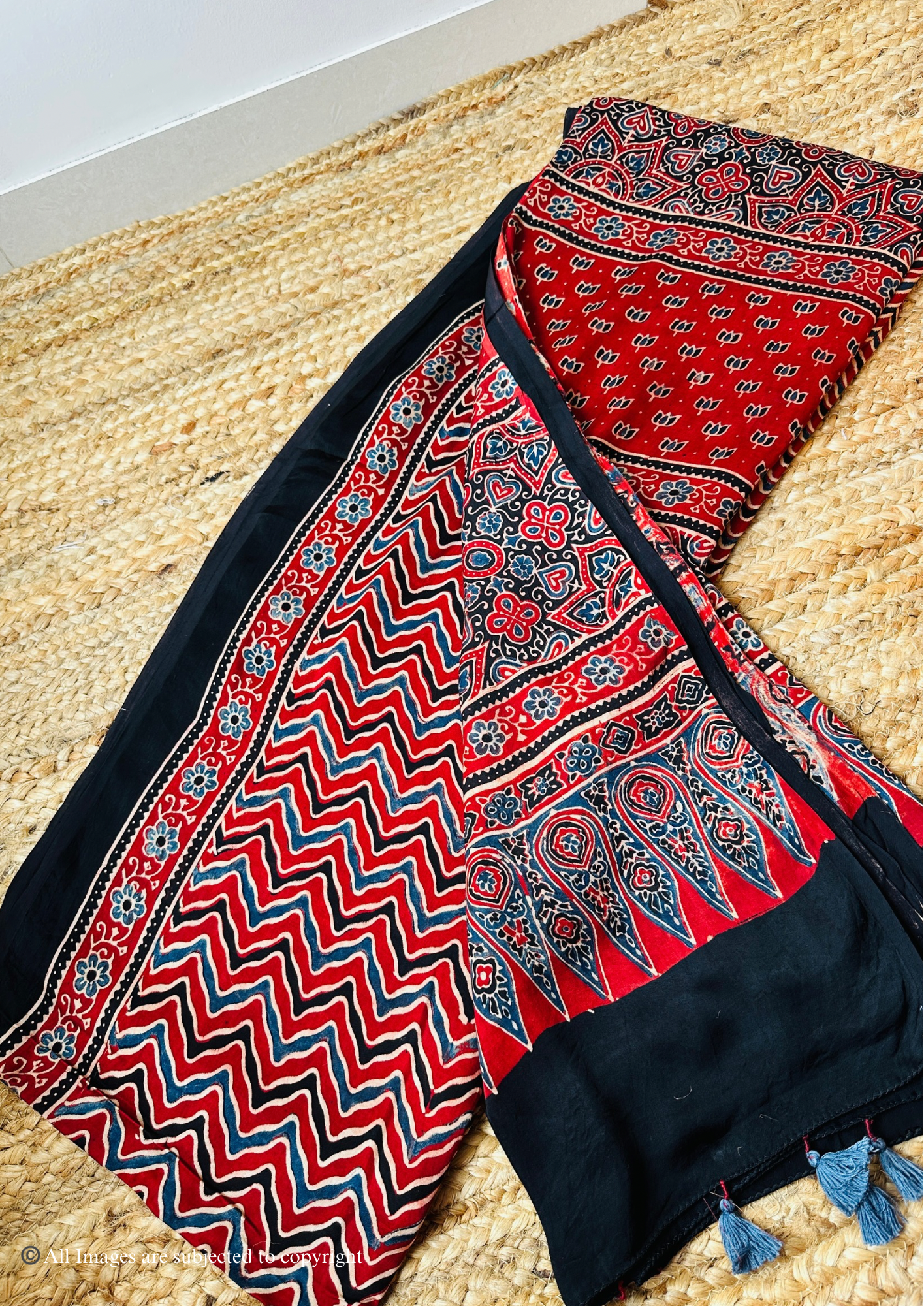 Handblocked Sustainable Ajrak Red Saree With zig zag pattern with Tassels