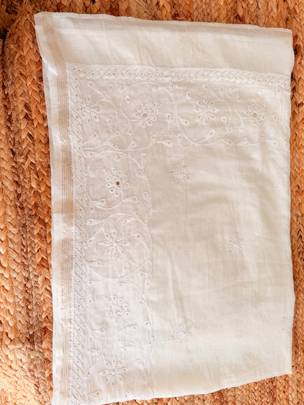Handcrafted Chikankari Chanderi Dupatta with Mukaish embellishments