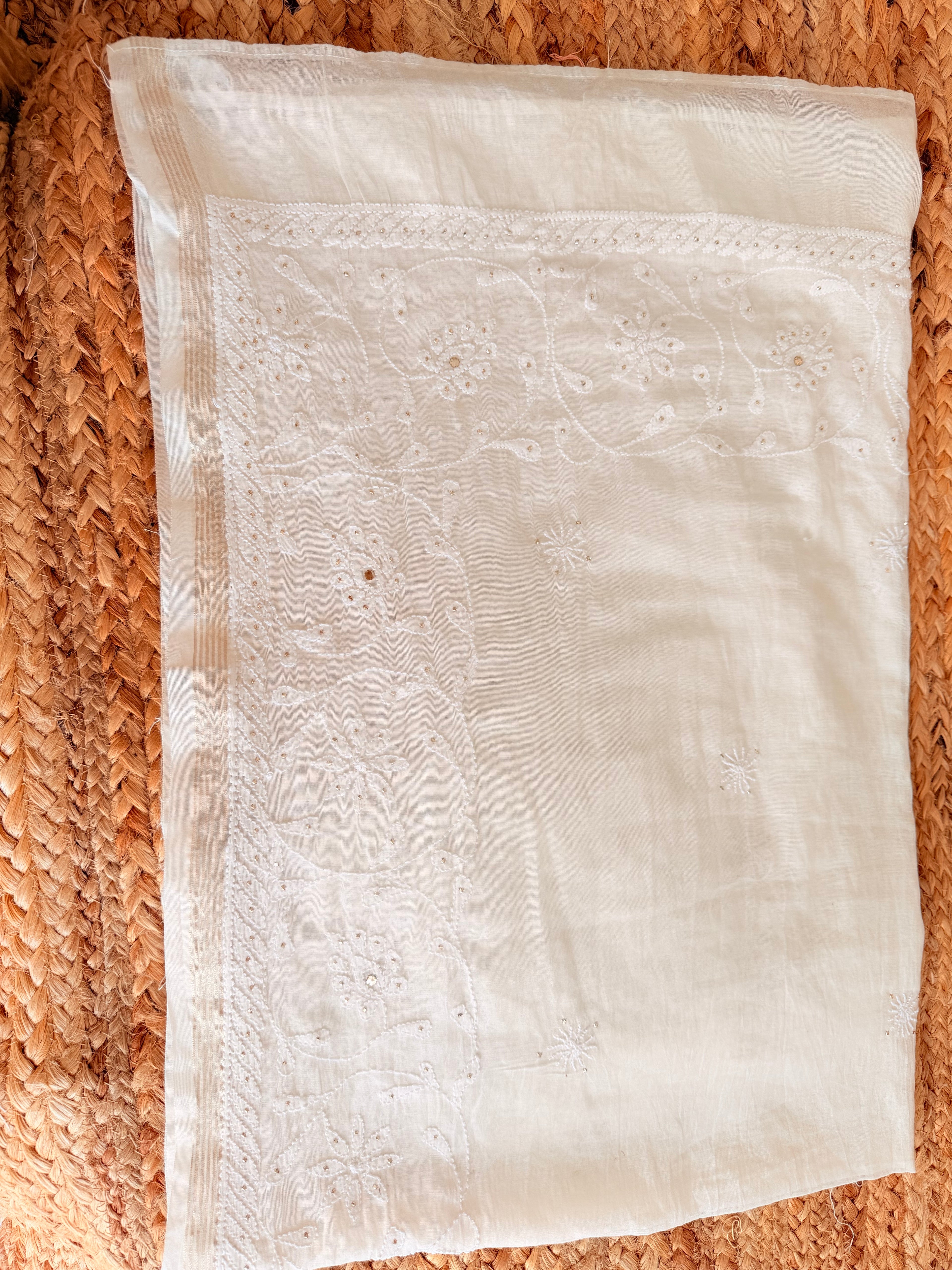 Handcrafted Chikankari Chanderi Dupatta with Mukaish embellishments